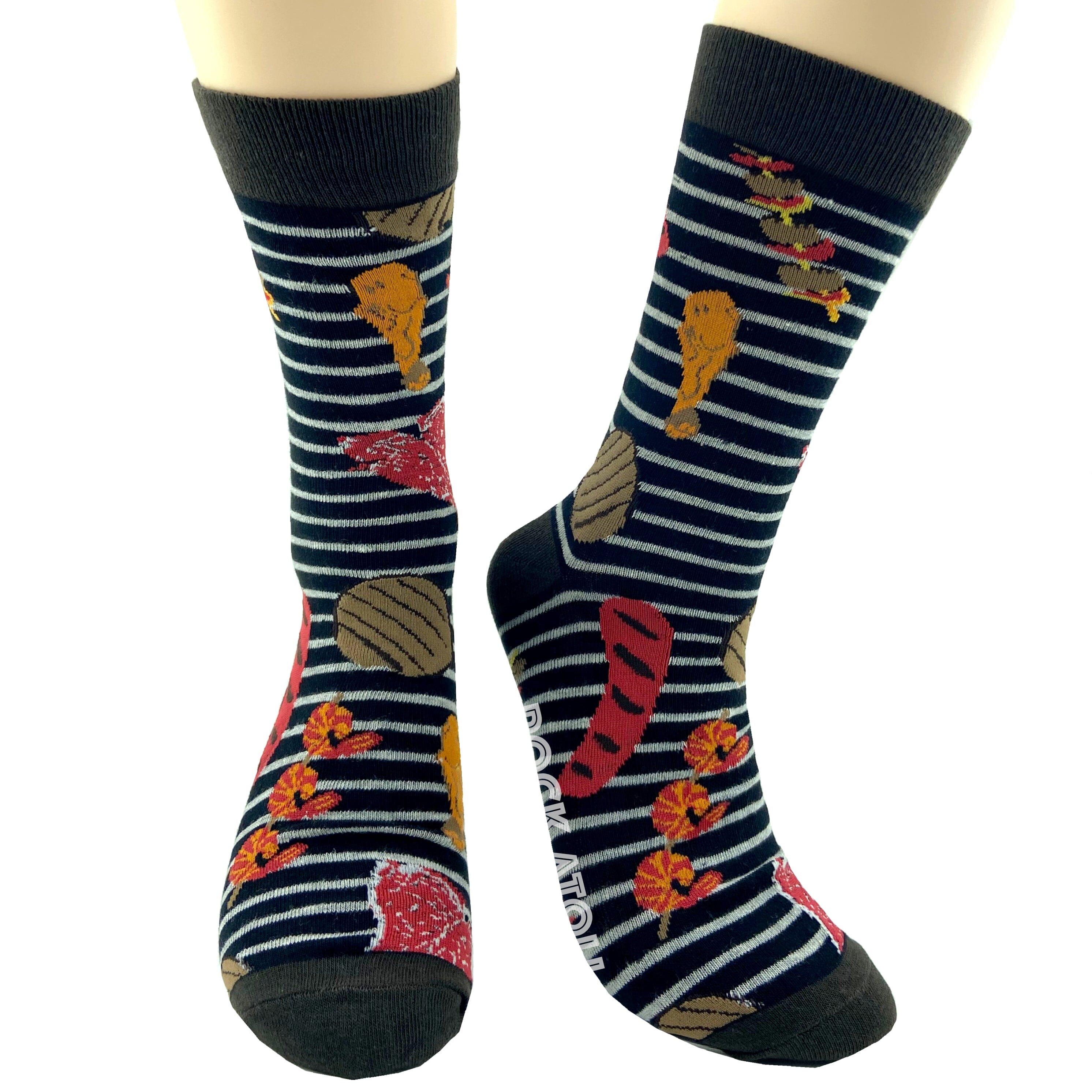 Black BBQ Grill Barbeque Themed Sausage Patty Print Novelty Crew Socks