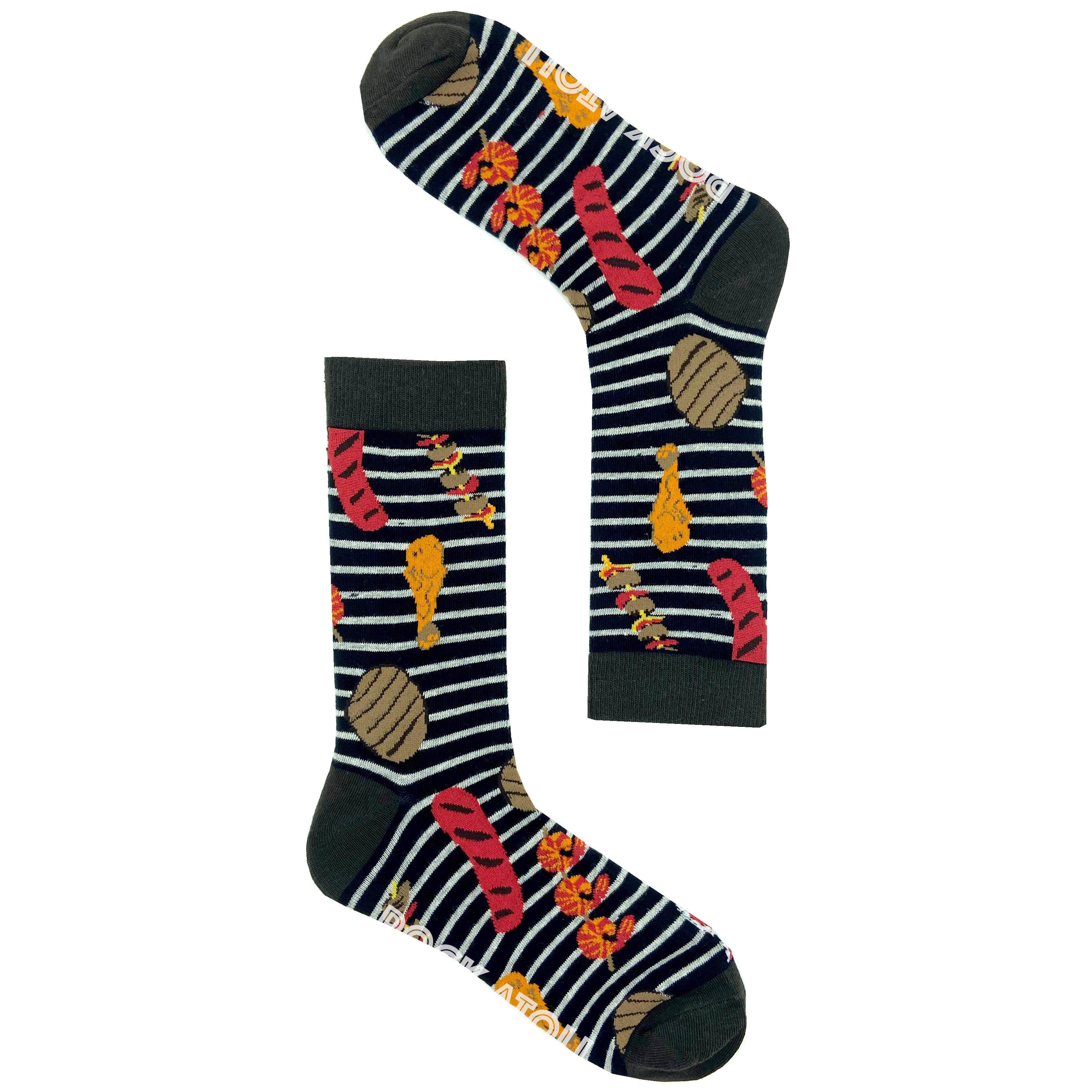 Black BBQ Grill Barbeque Themed Sausage Patty Print Novelty Crew Socks