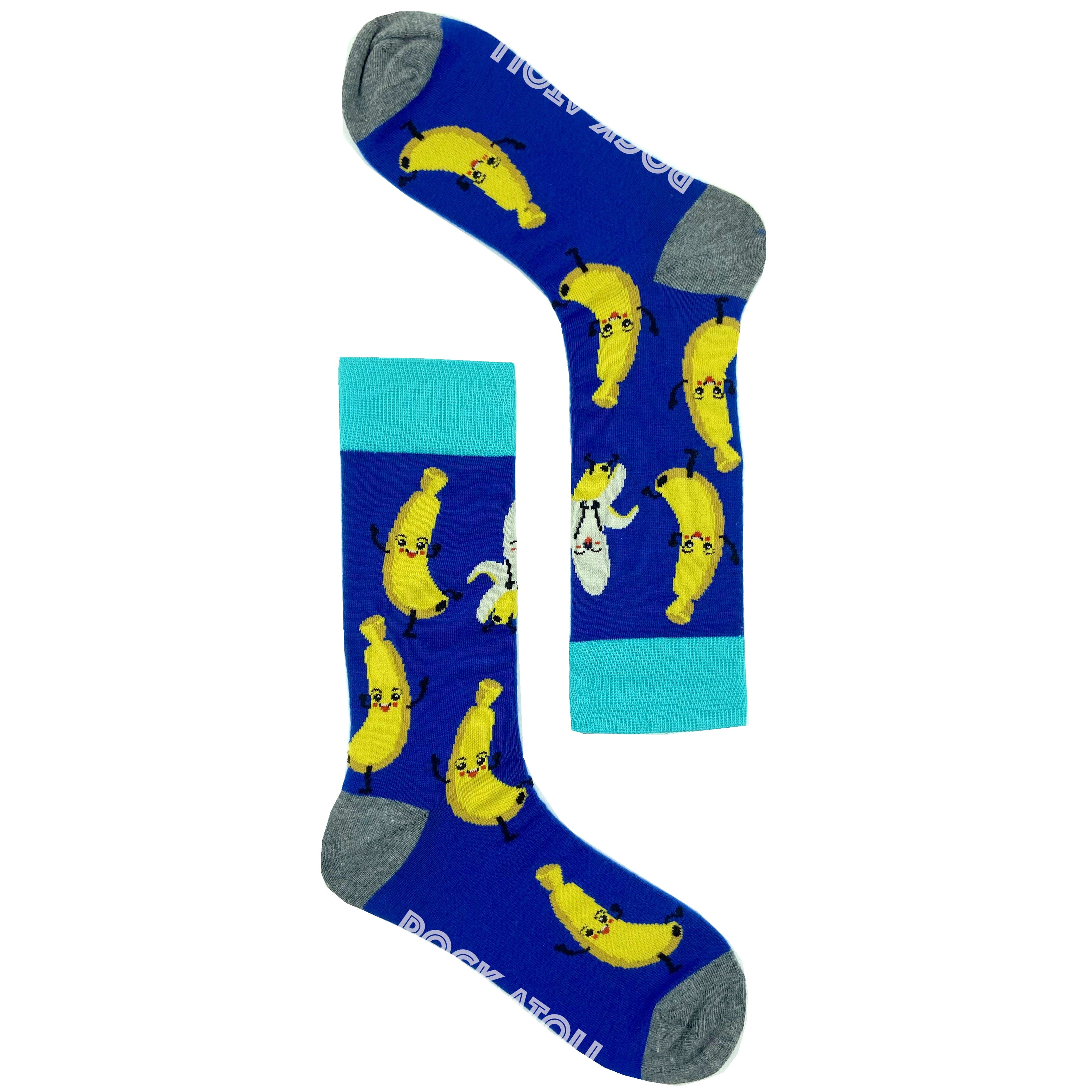 Unisex Bright Blue Smiley Banana Peel Fruit Themed Novelty Crew Socks