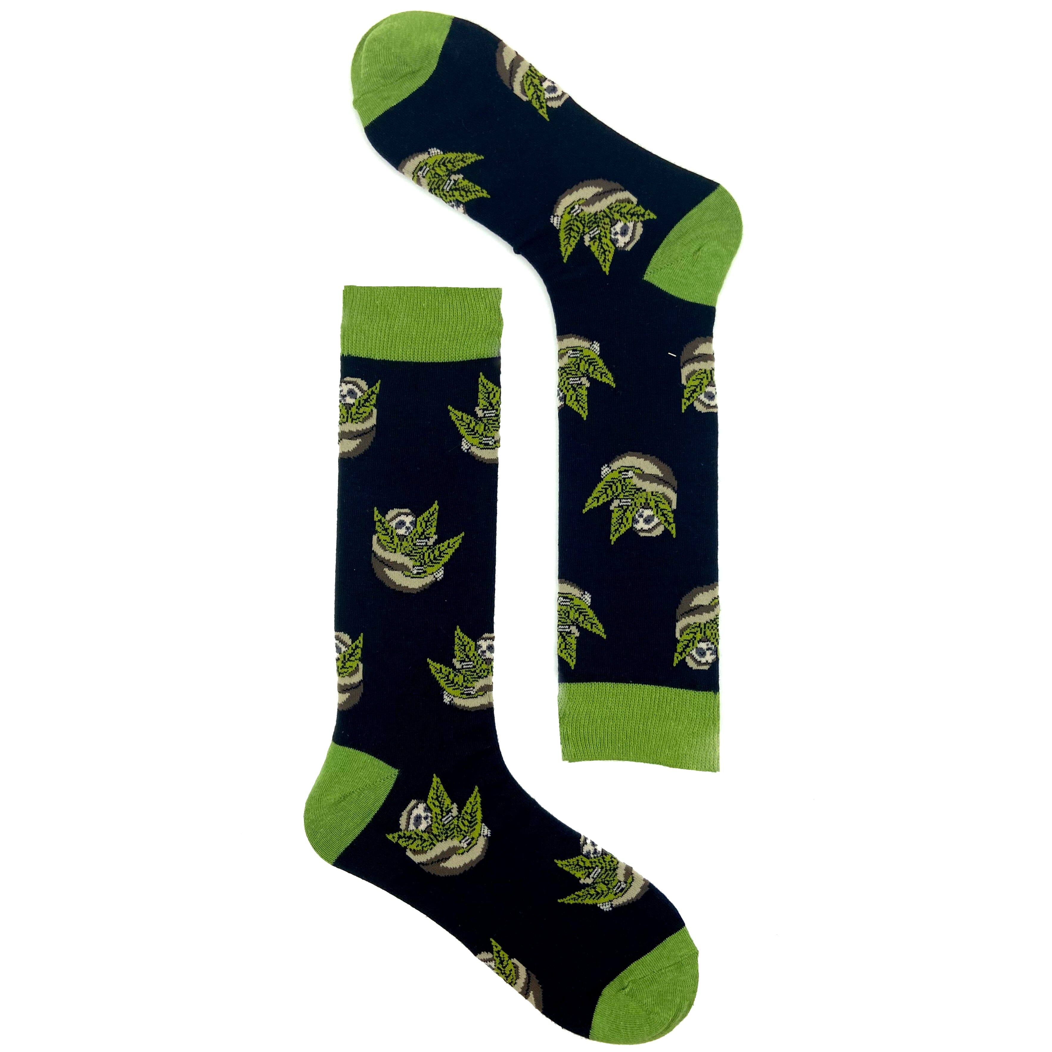 Stoner Sloths Weed Cannabis Leaf Patterned Novelty Crew Socks in Black
