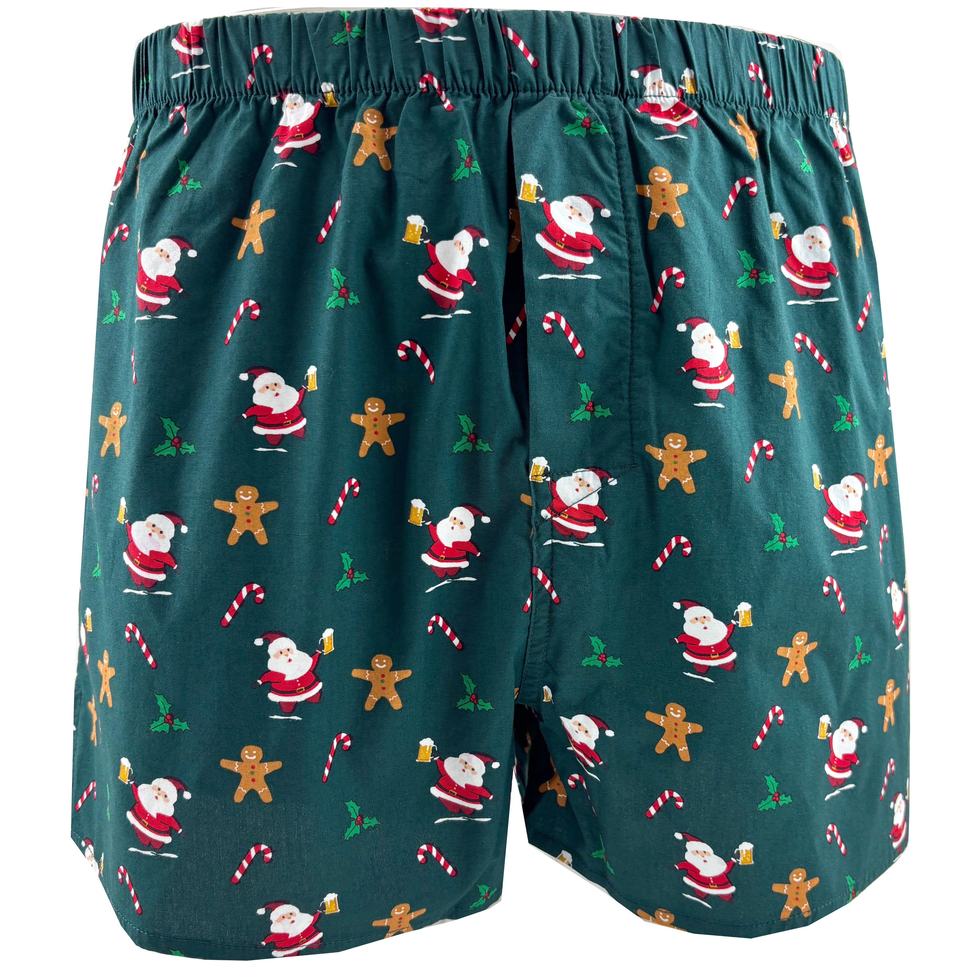 Green boxer shorts with Christmas-themed pattern on a white background