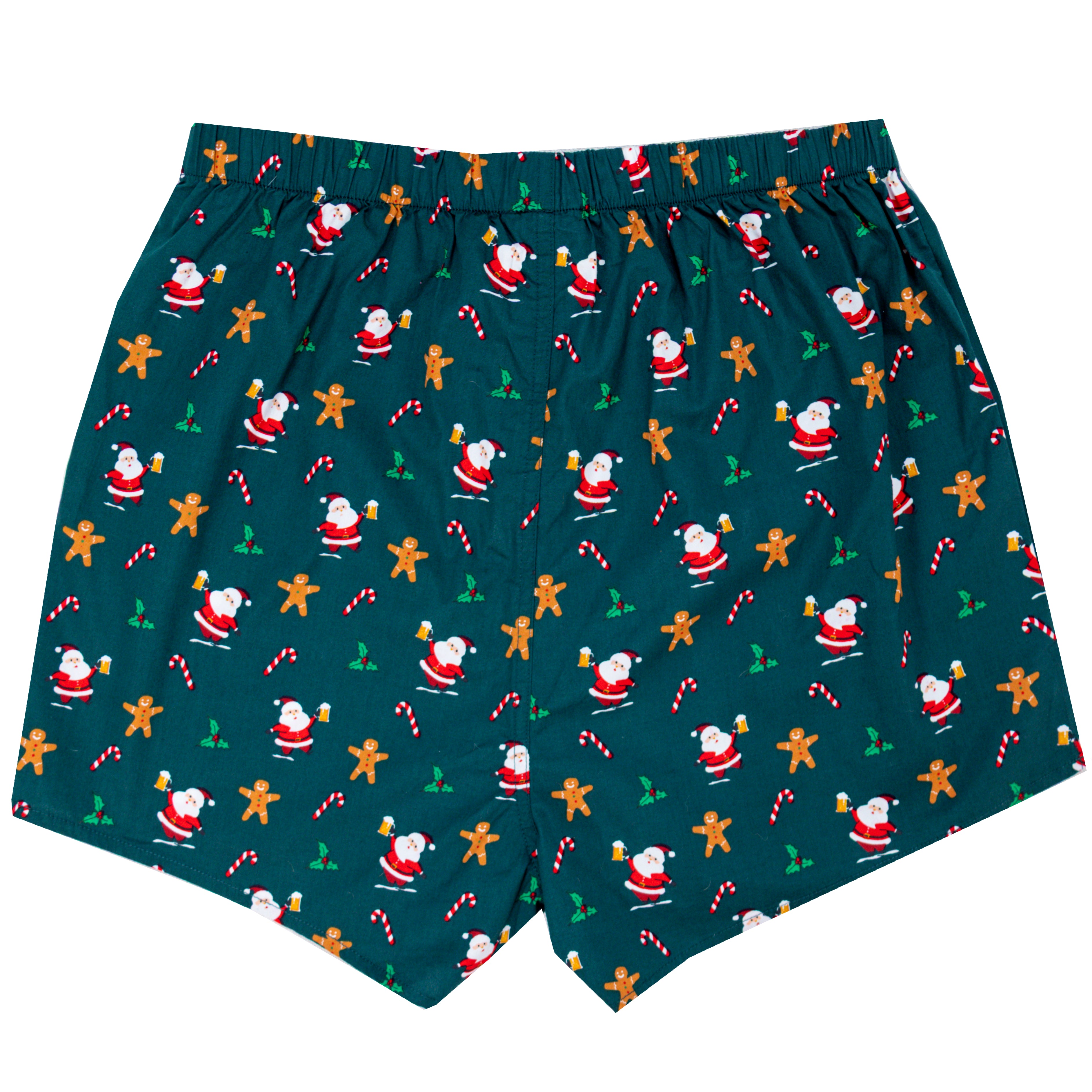Christmas-themed boxer briefs with Santa Claus, gingerbread men, and candy canes on a green background.