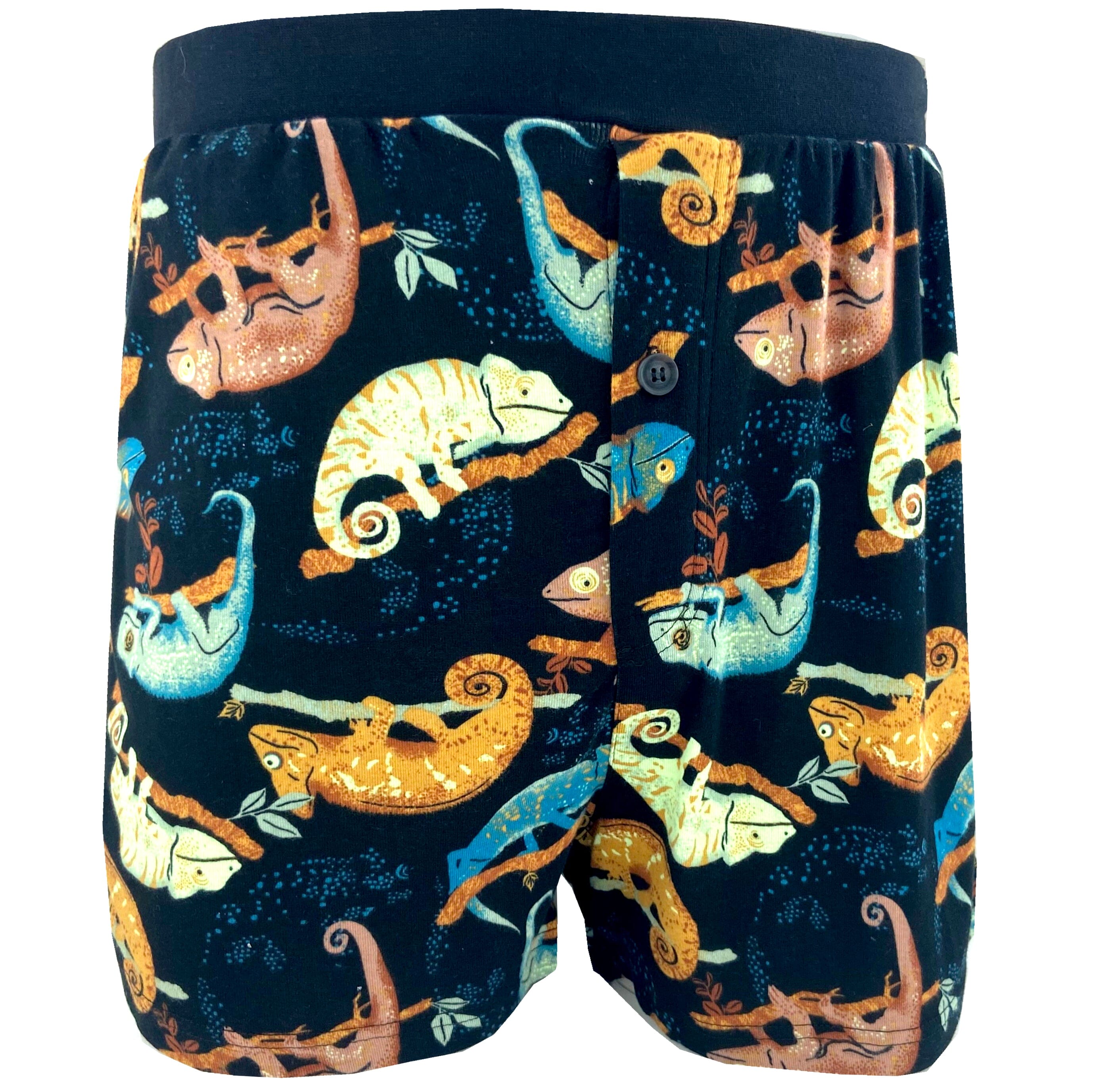 Men's Black Iguana Chameleon Patterned Cotton Knit Boxer Pajama Shorts