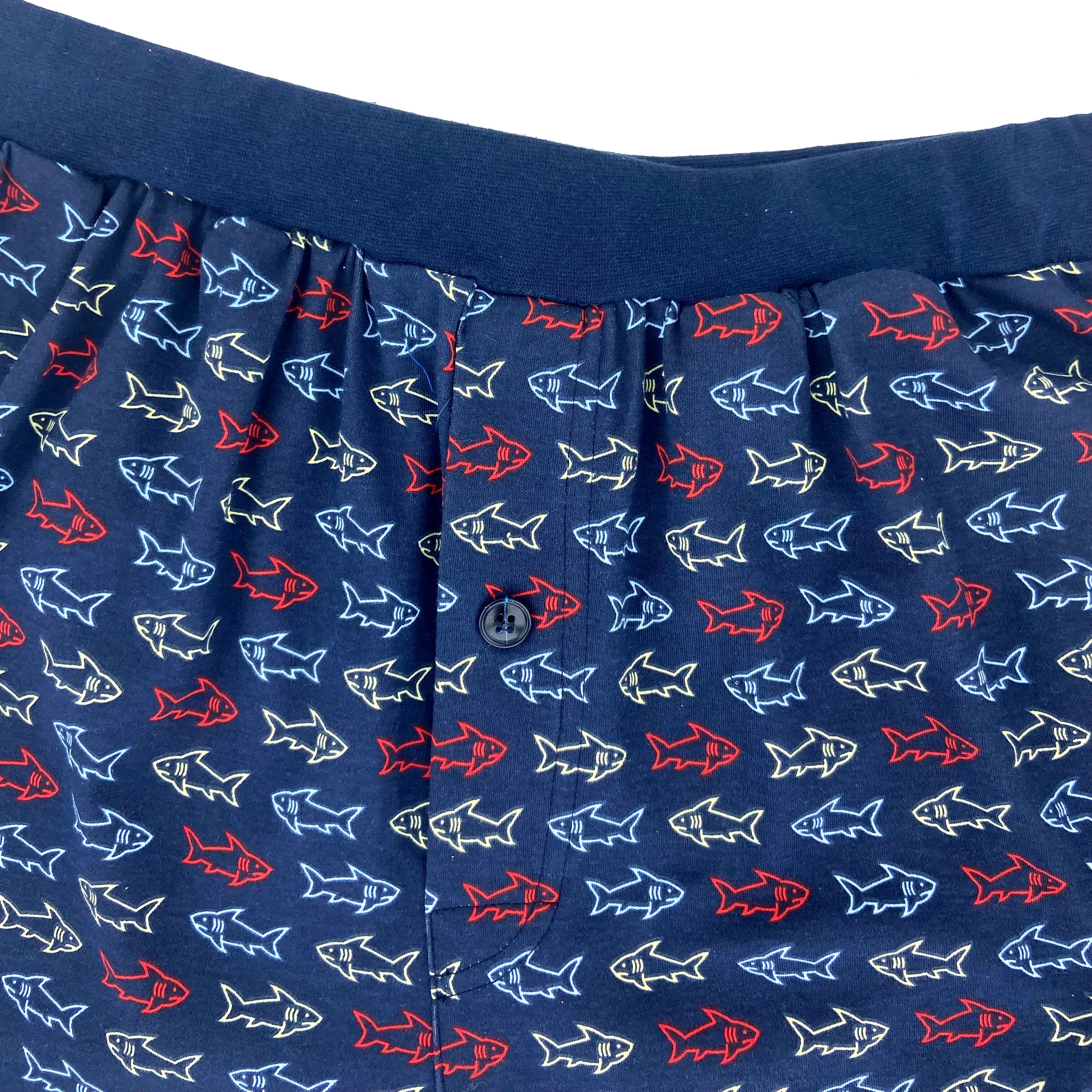 Men's Navy Blue Fish All-Over Print Cotton Knit Pajama PJ Sleep Shorts