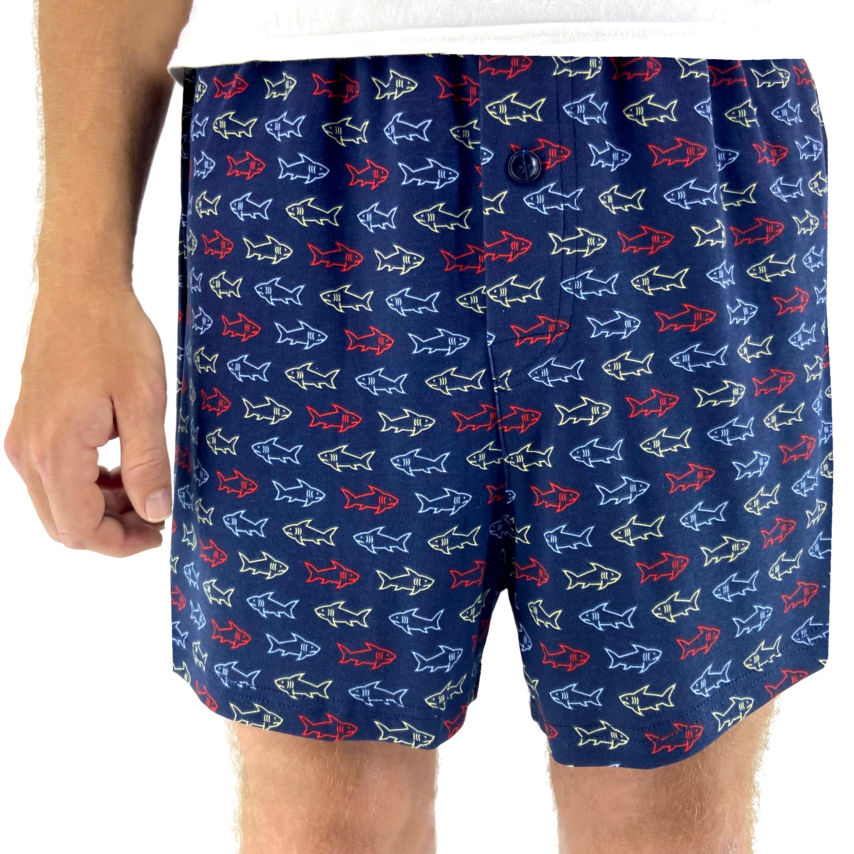 Men's Navy Blue Fish All-Over Print Cotton Knit Pajama PJ Sleep Shorts