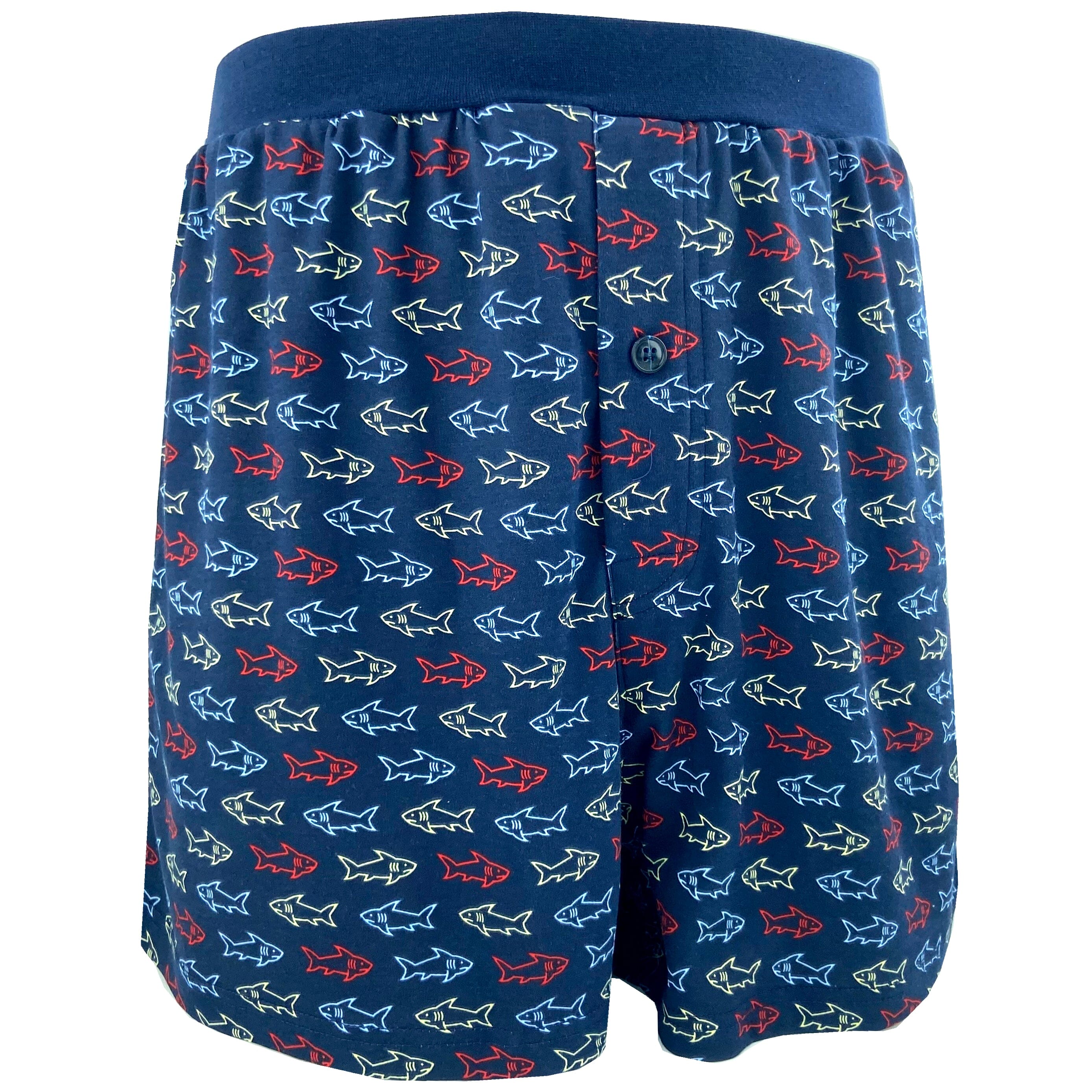 Men's Navy Blue Fish All-Over Print Cotton Knit Pajama PJ Sleep Shorts