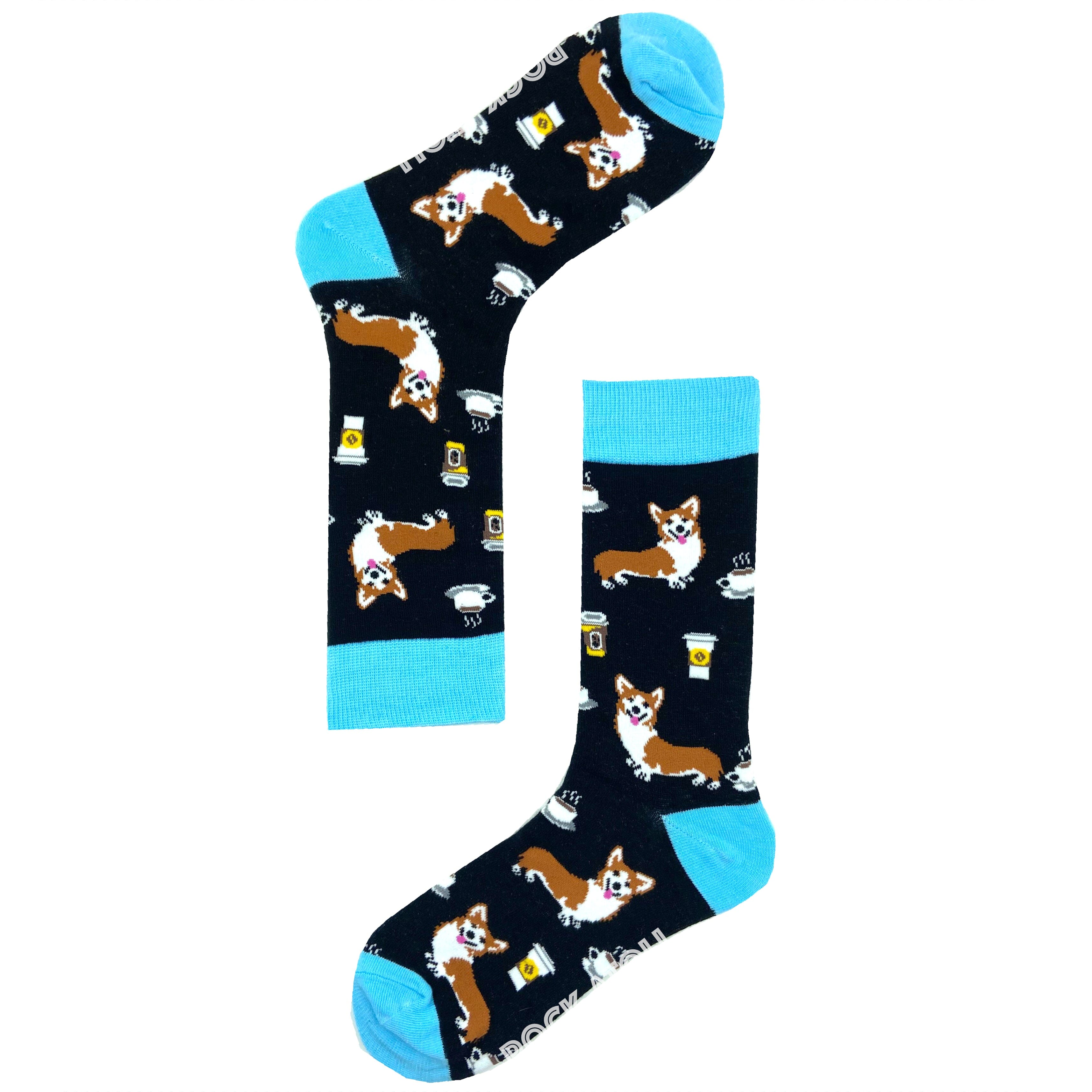 Black Unisex Dog Lover Corgis and Coffee Patterned Comfy Novelty Socks