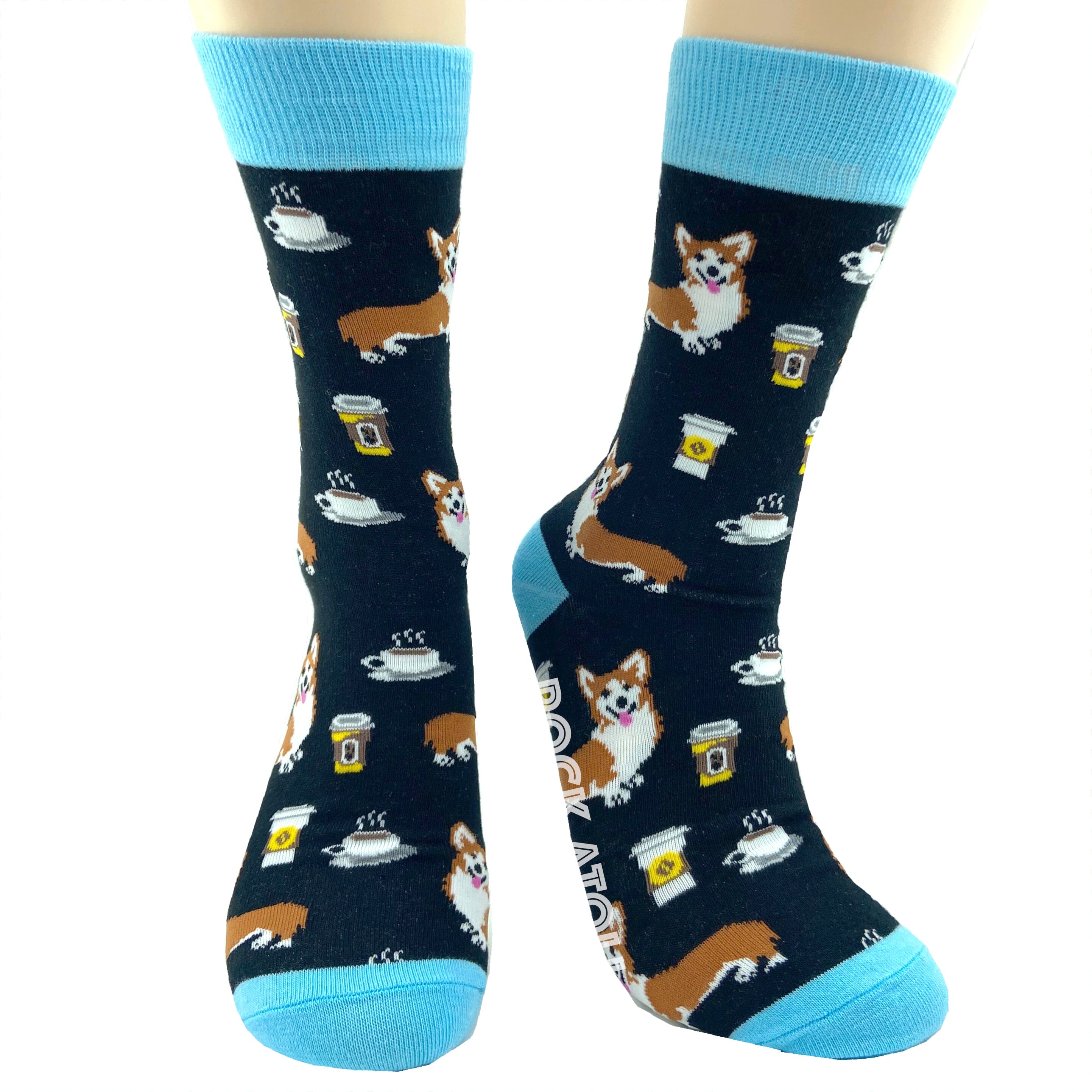 Black Unisex Dog Lover Corgis and Coffee Patterned Comfy Novelty Socks