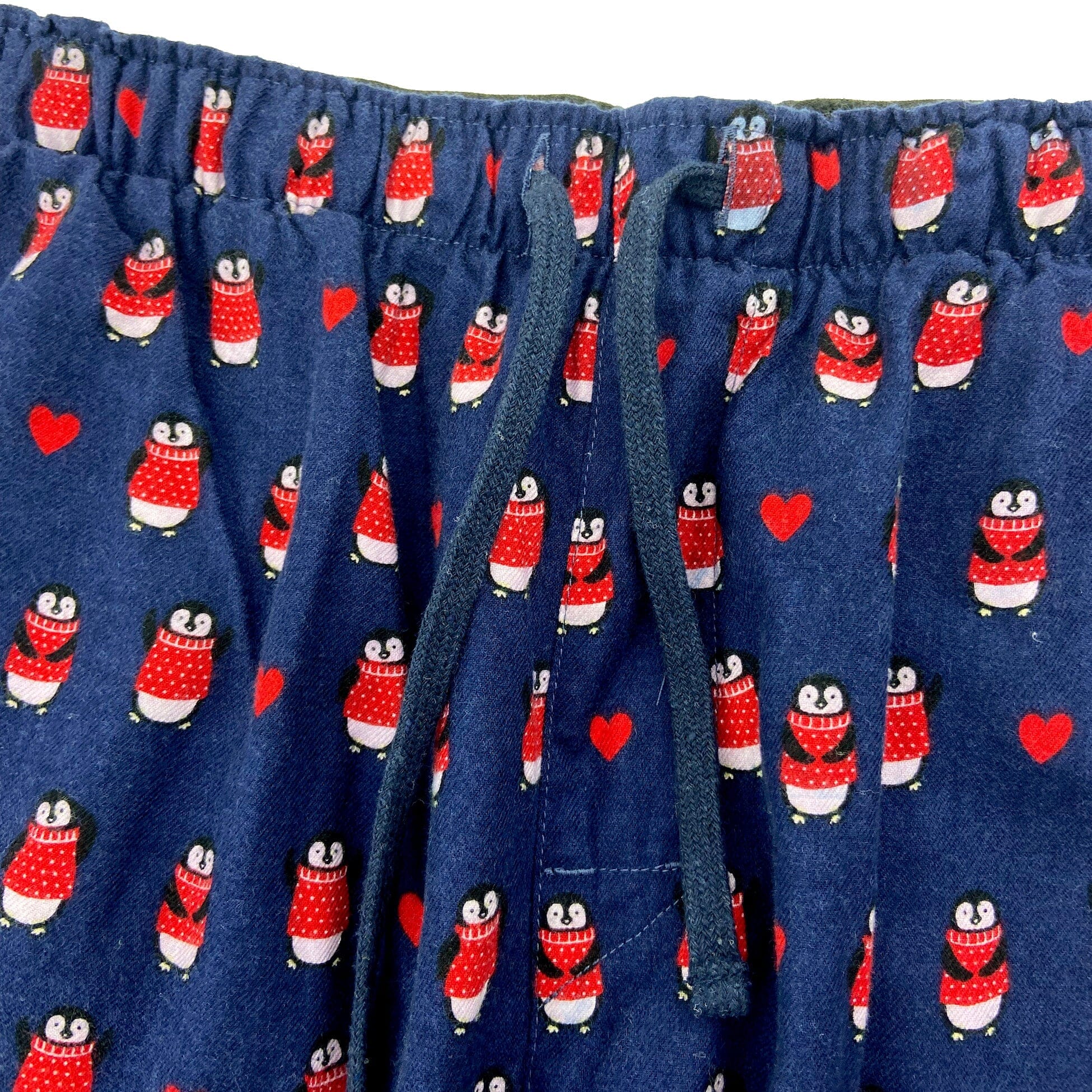 Men's Navy Blue Penguins and Heart Print Flannel Pajama Pant Bottoms