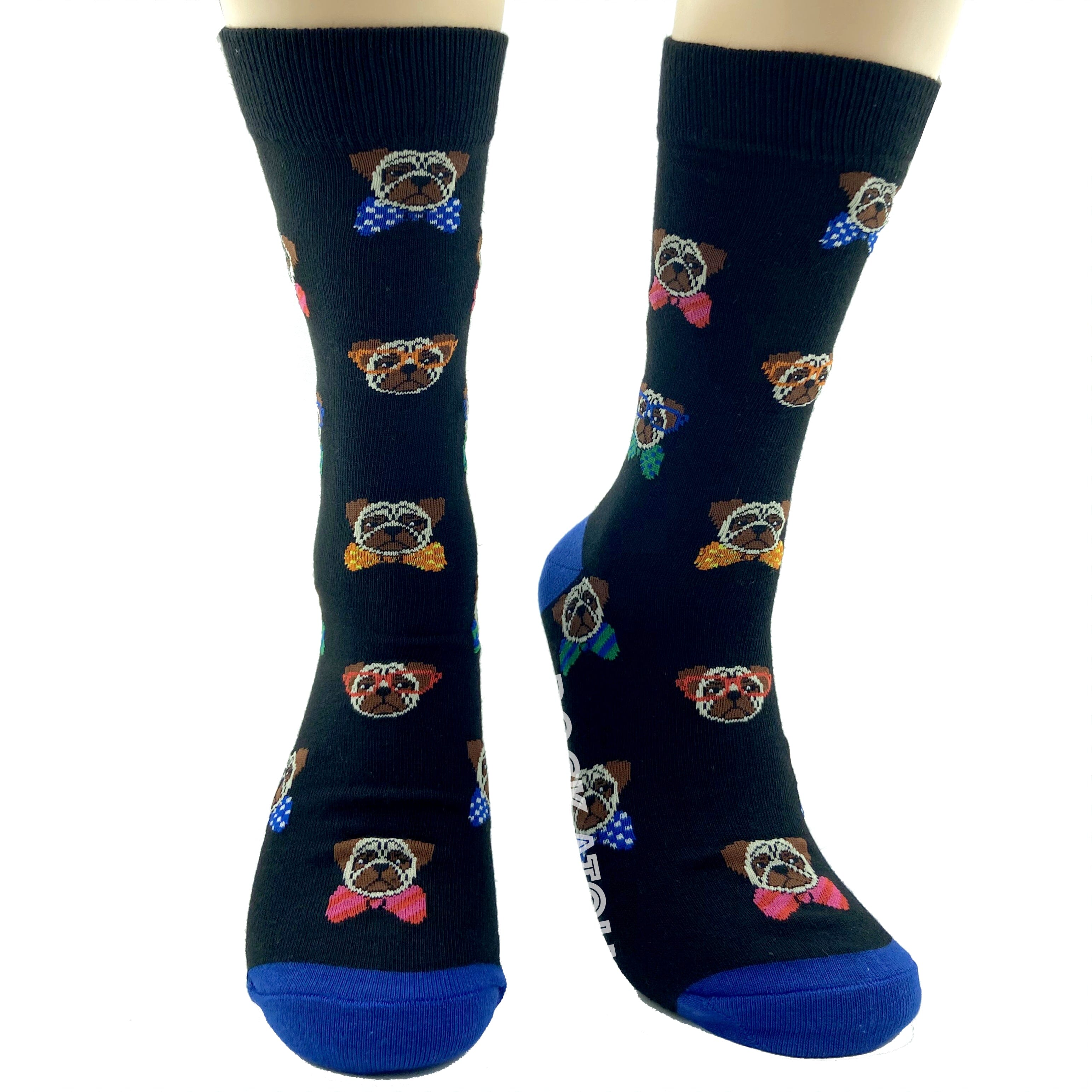 Adorable Pugs Wearing Bow Ties Patterned Dog Lover Novelty Dress Socks