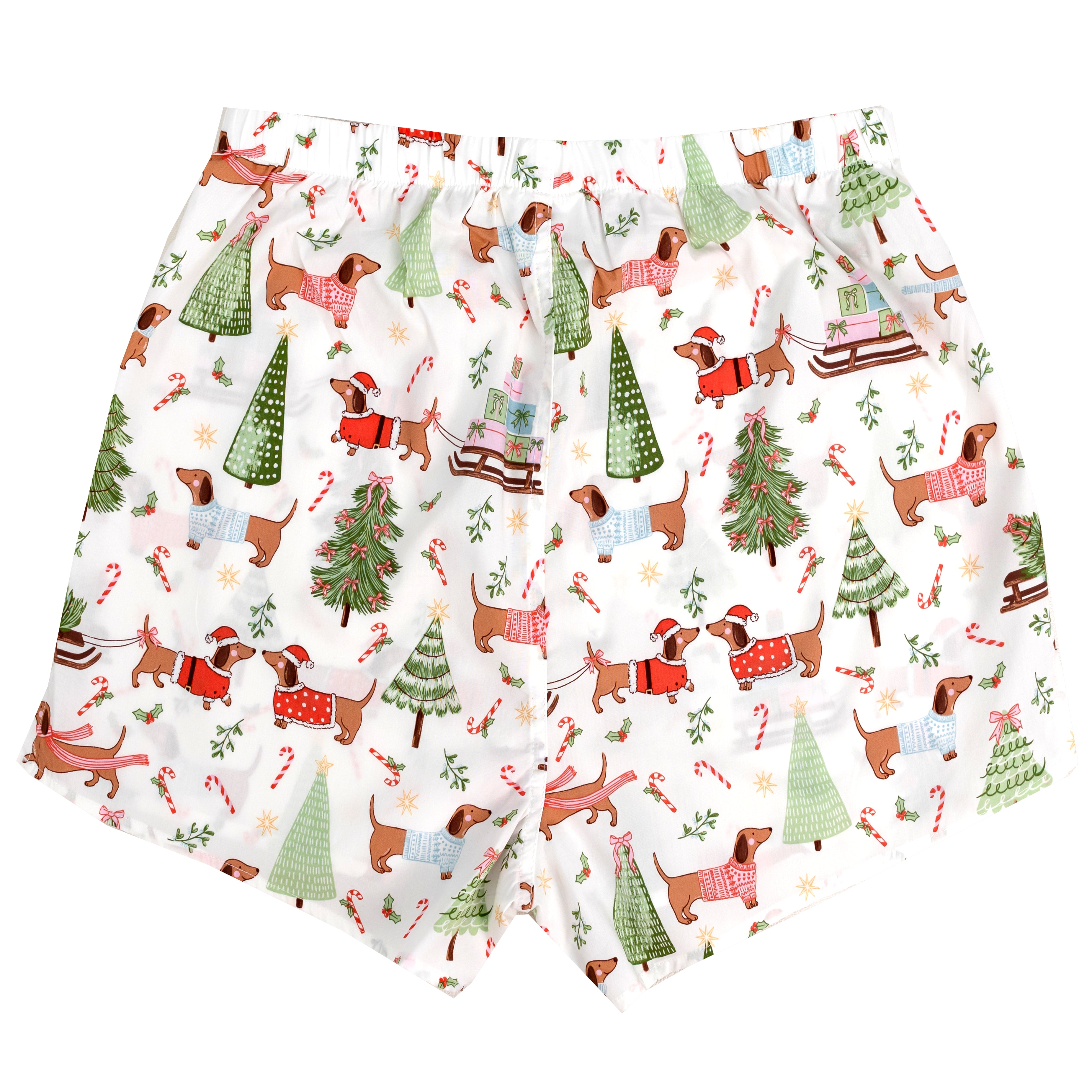 Christmas Themed Dachshund Dogs in Santa Costumes Patterned Boxers with Christmas Trees All Over