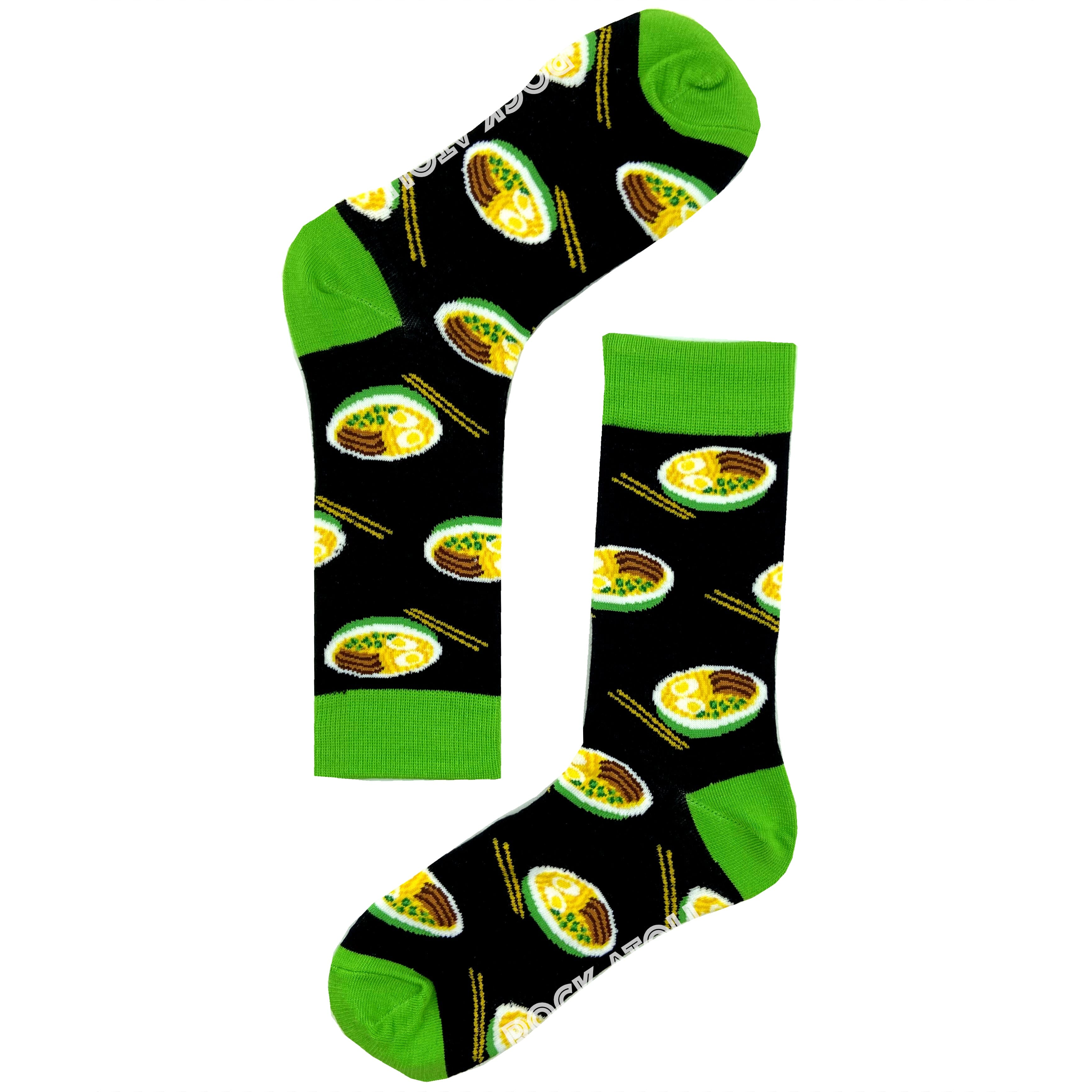 Yummy Food Themed Japanese Miso Ramen Patterned Novelty Socks in Black