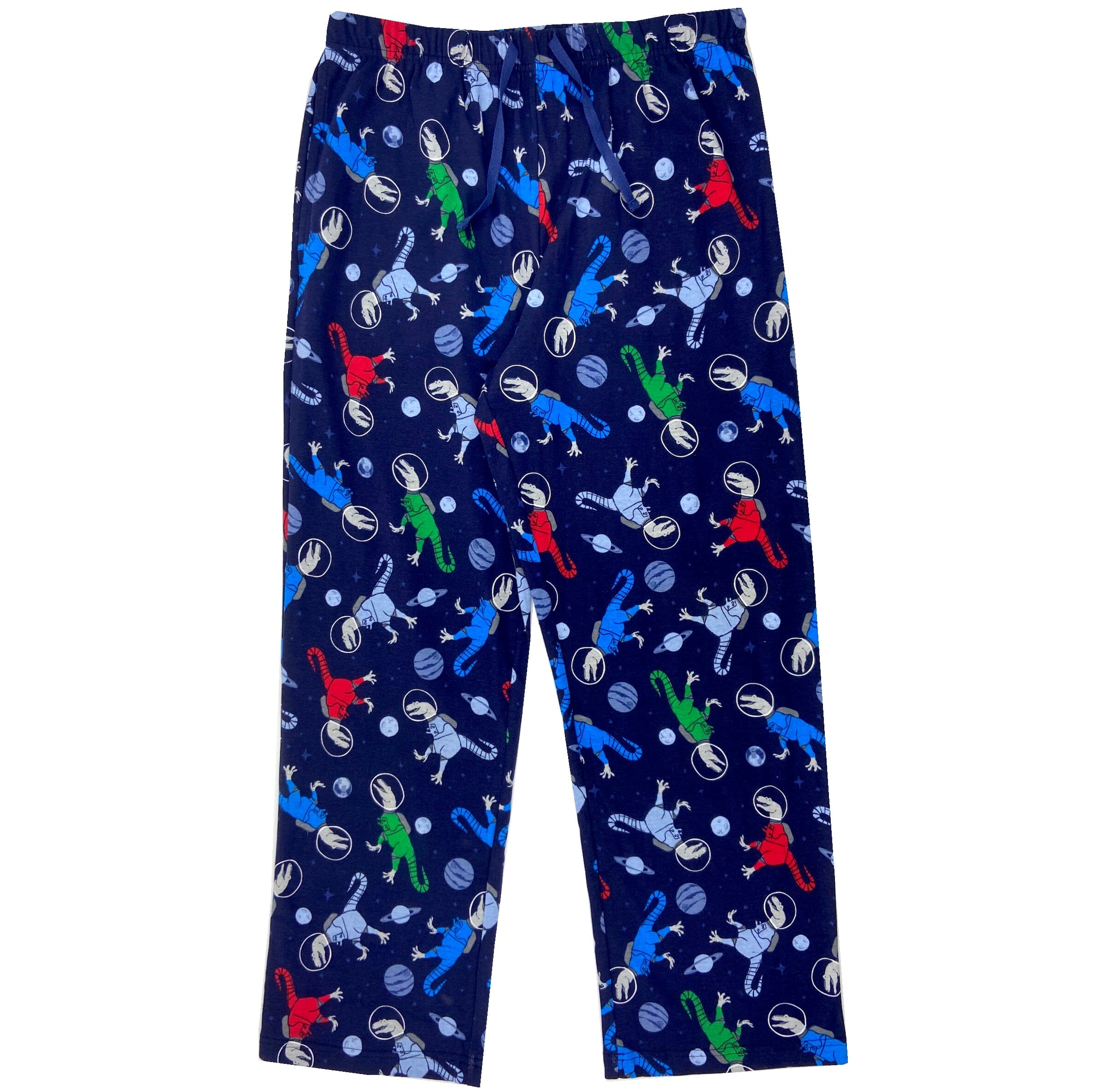 Dinosaurs in Outer Space Print Cotton Knit Pajama Bottoms for Adults