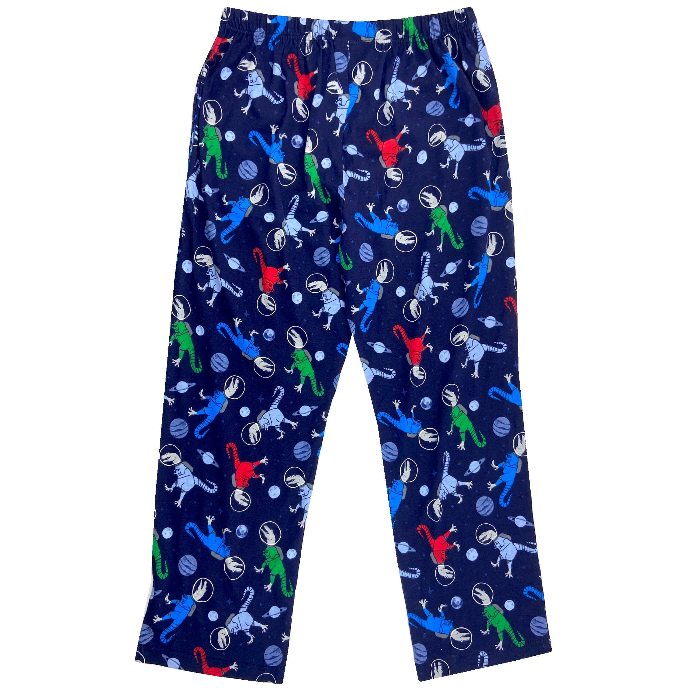 Dinosaurs in Outer Space Print Cotton Knit Pajama Bottoms for Adults