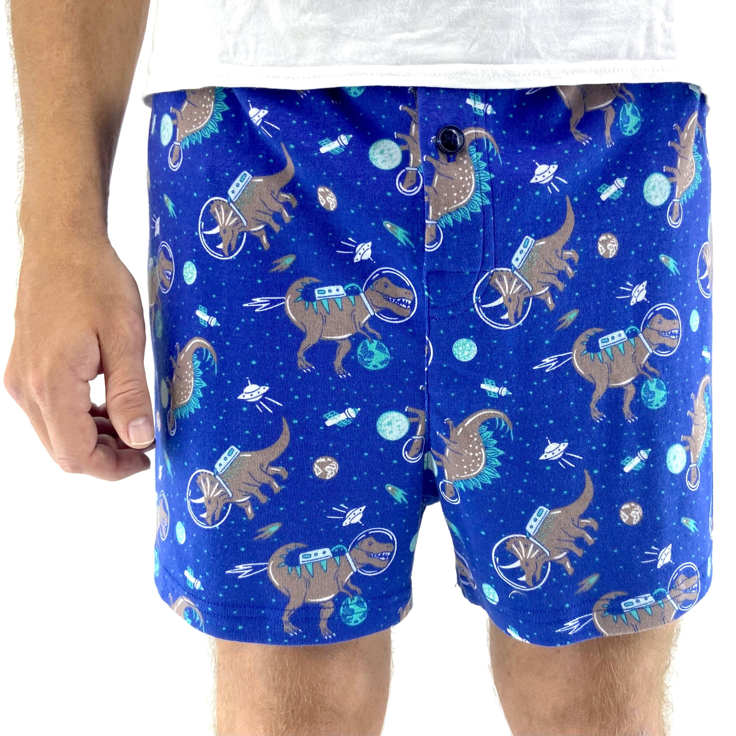 Men's Dinosaur in Outer Space All-Over Print Cotton Knit Pajama Shorts