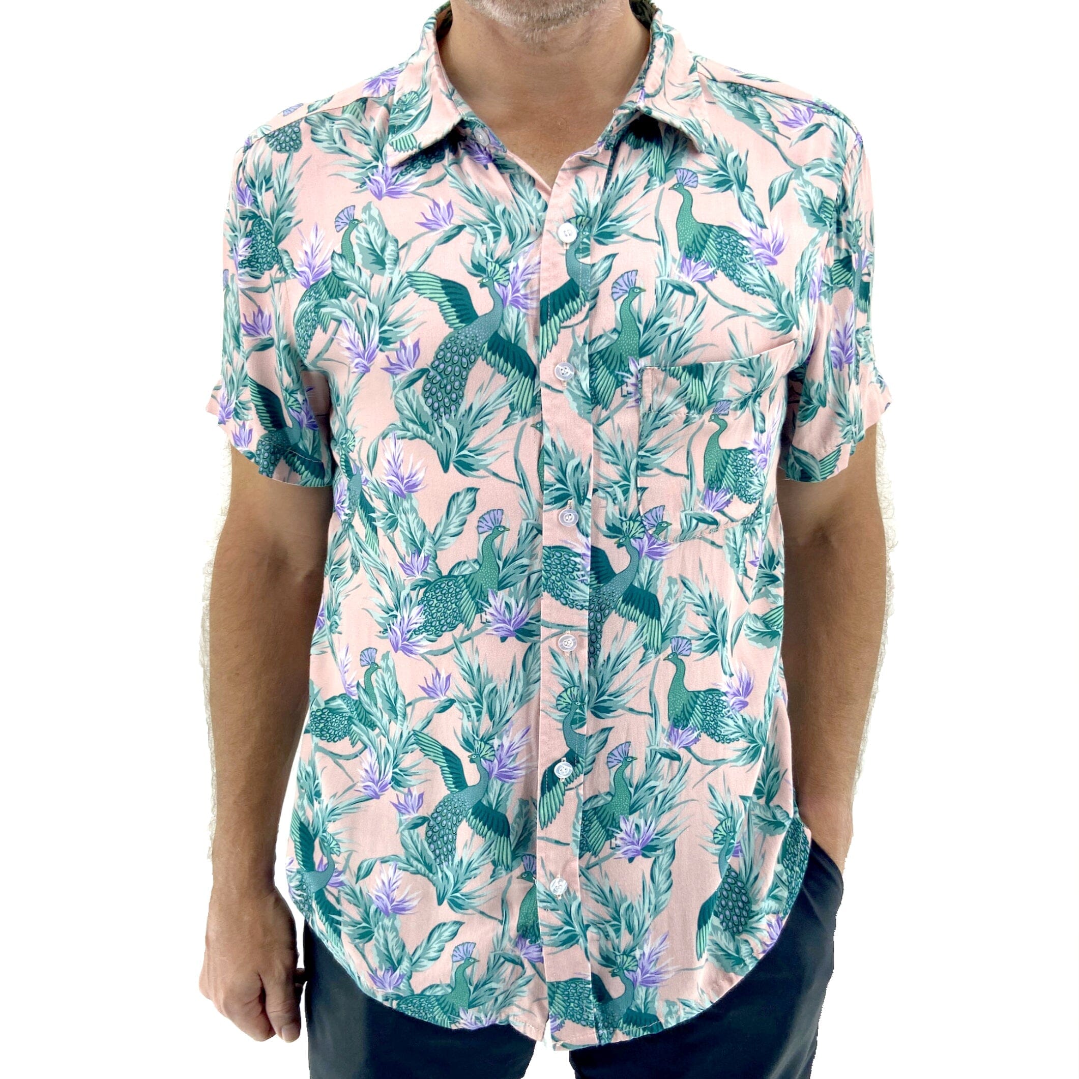 Men's Light Pink Floral Peacock Bird Patterned Aloha Hawaiian Shirt
