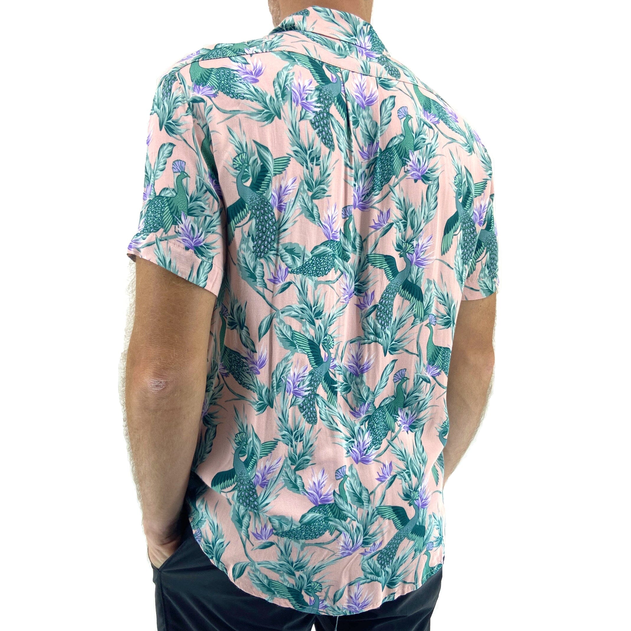 Men's Light Pink Floral Peacock Bird Patterned Aloha Hawaiian Shirt