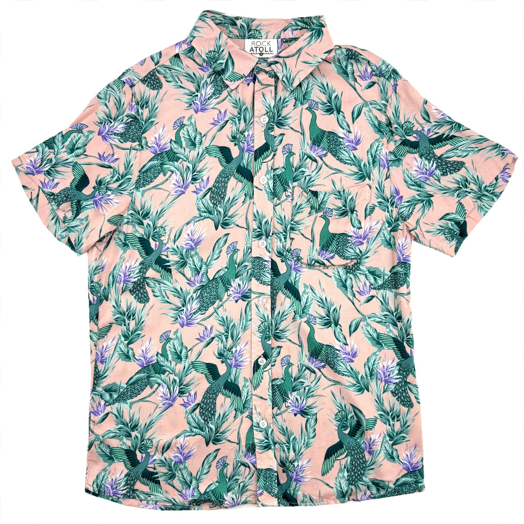 Men's Light Pink Floral Peacock Bird Patterned Aloha Hawaiian Shirt