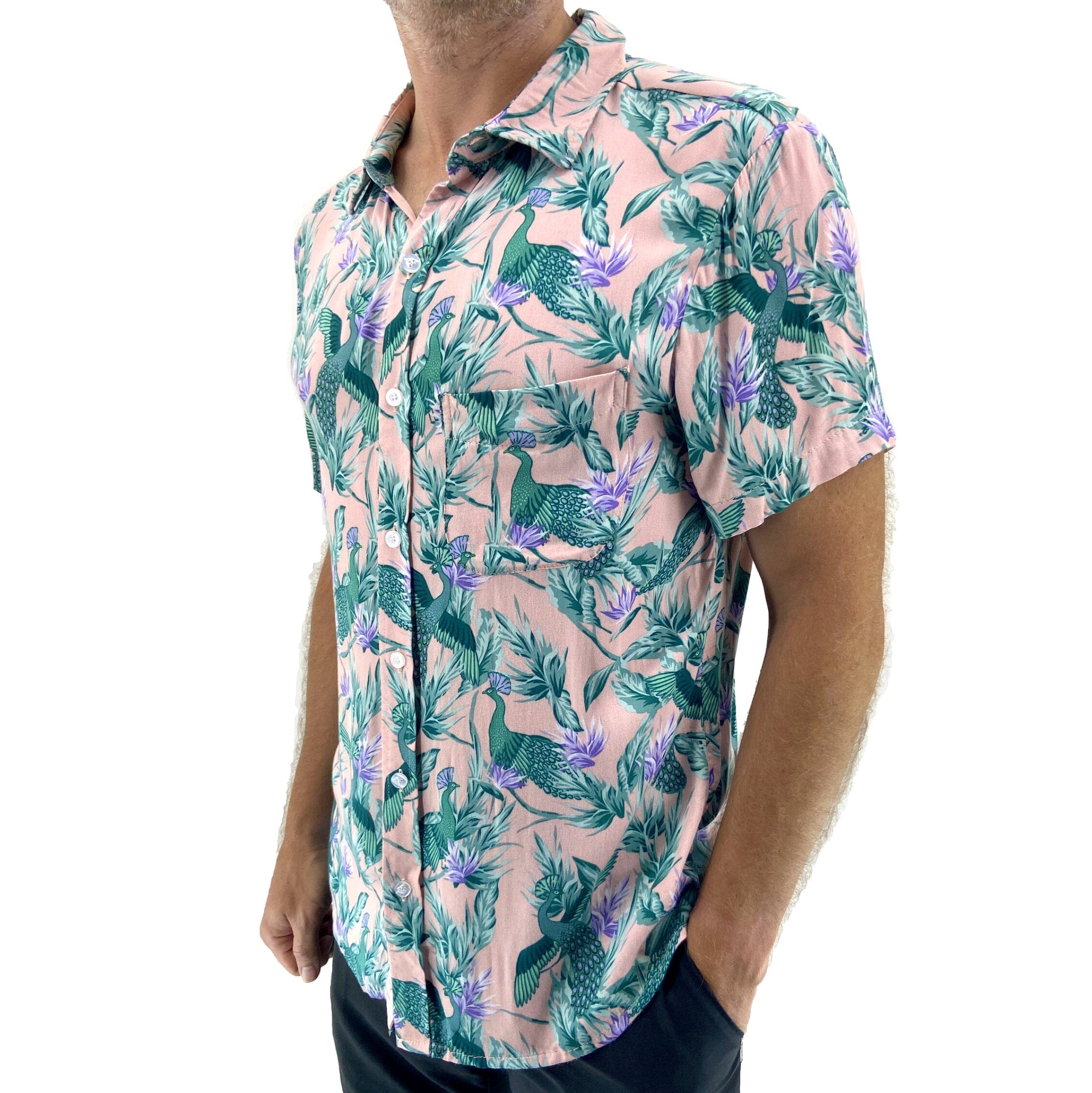 Men's Light Pink Floral Peacock Bird Patterned Aloha Hawaiian Shirt