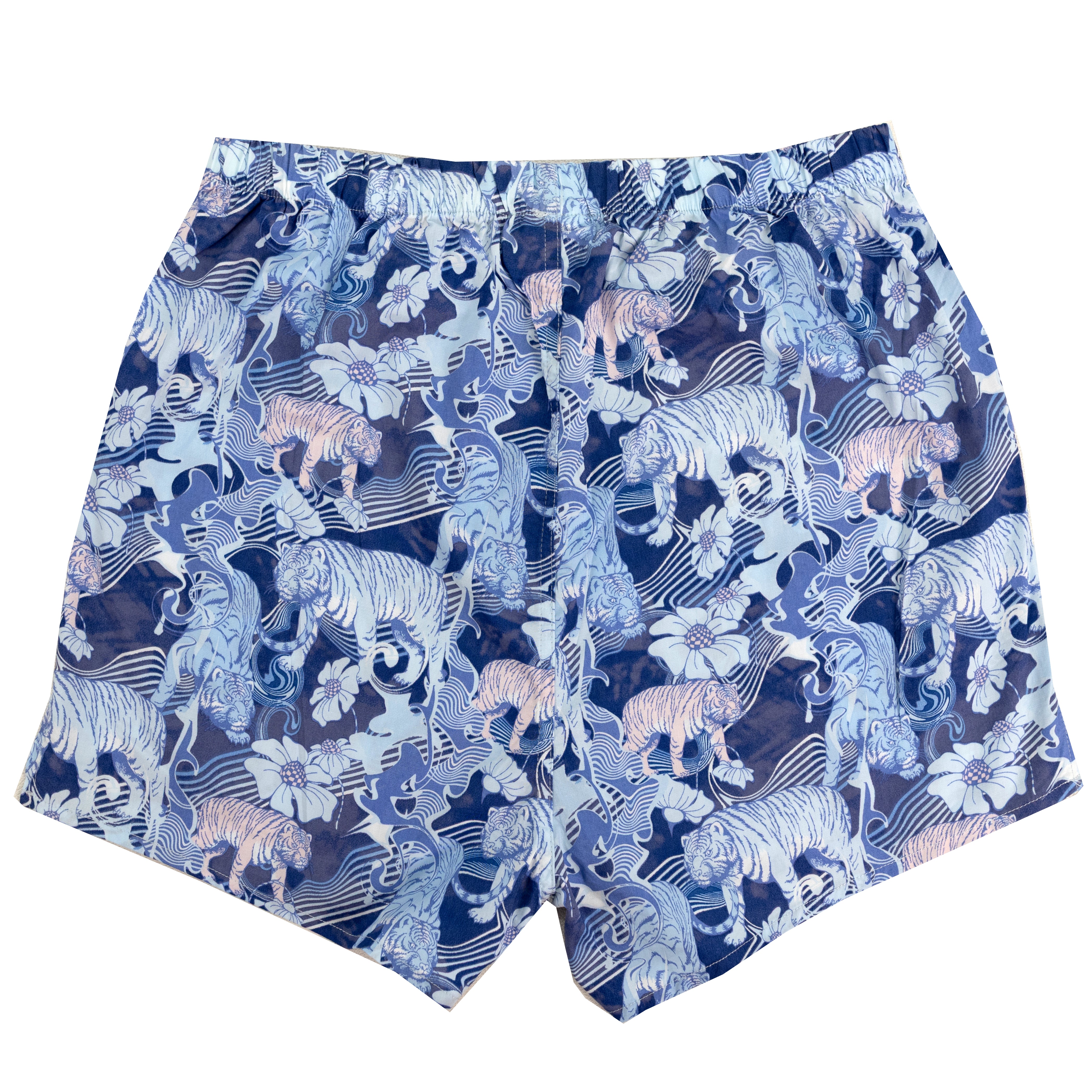 Blue and white tiger-print boxer briefs with a pattern of tigers, lions, and floral motifs on a solid white background.