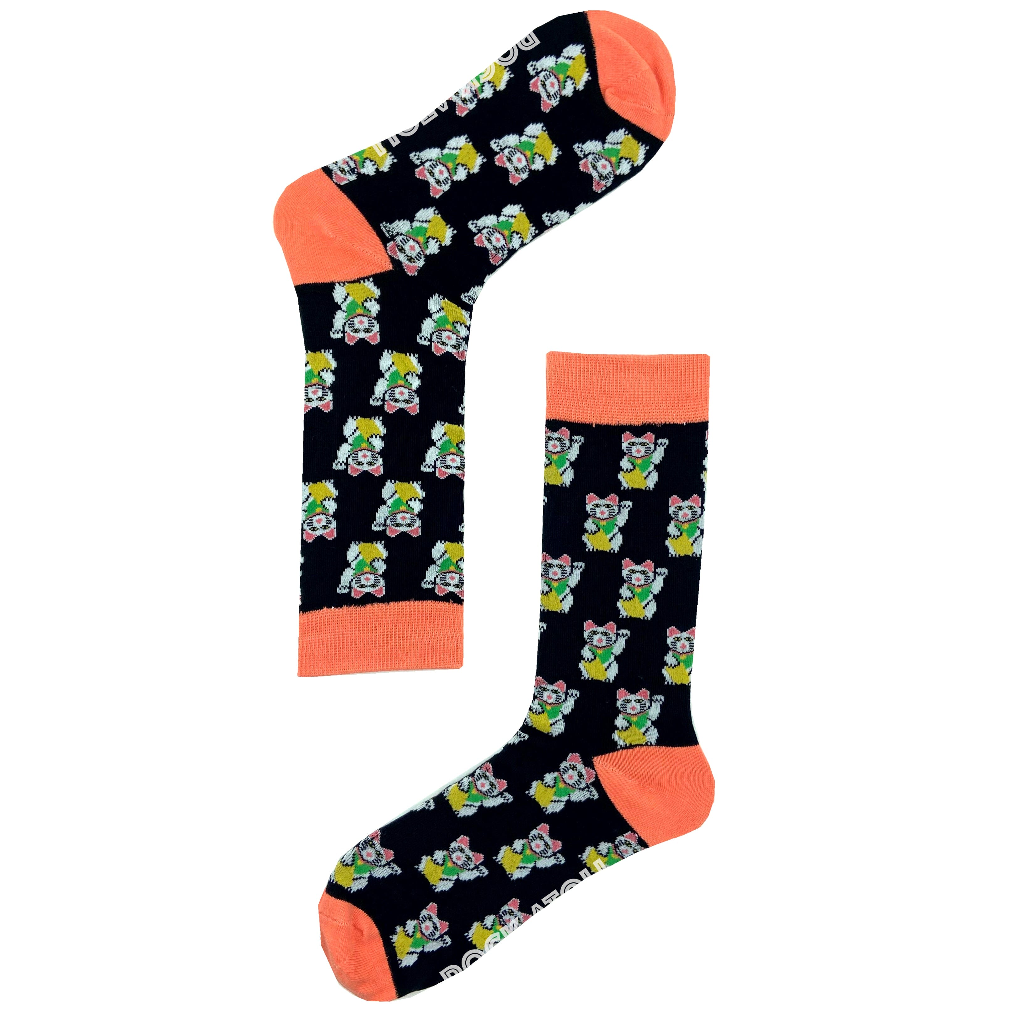 Unisex Black Maneki-neko Beckoning Fortune Cat Patterned Novelty Socks