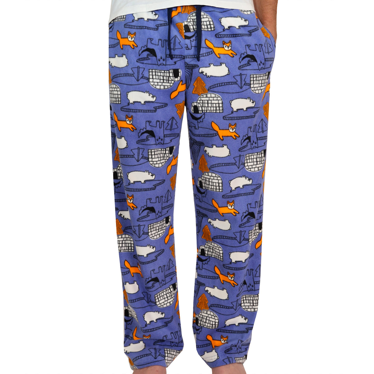 Men's Soft Fluffy Fox Bear Igloo Print Long Fleece Pajama Pant Bottoms