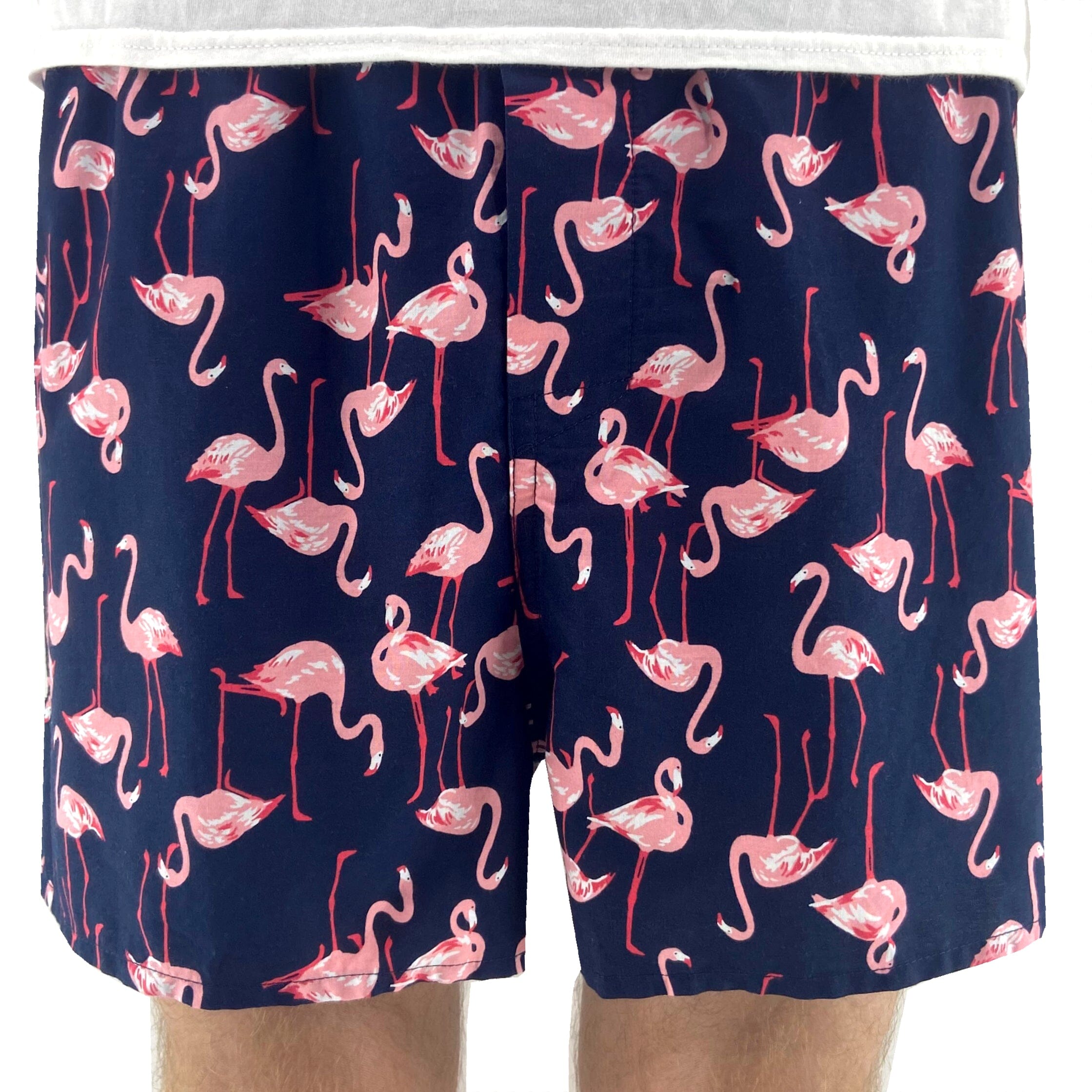 Classic Dark Blue Boxer Shorts with Bright Pink Flamingoes All Over