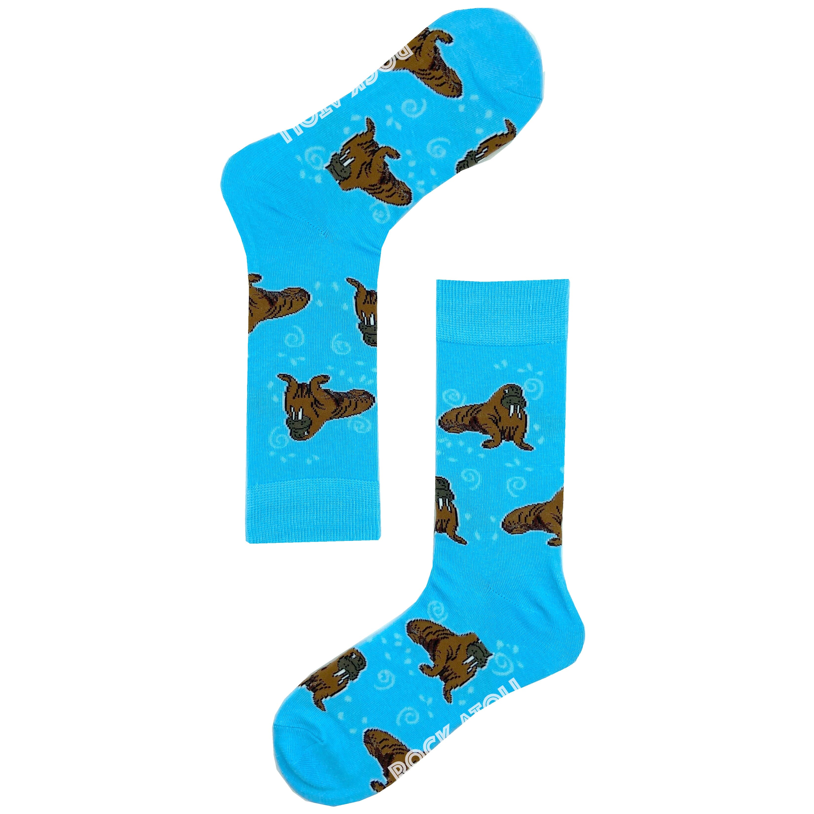 Light Blue Walrus Sea Lion Seal Patterned Fun Novelty Crew Dress Socks