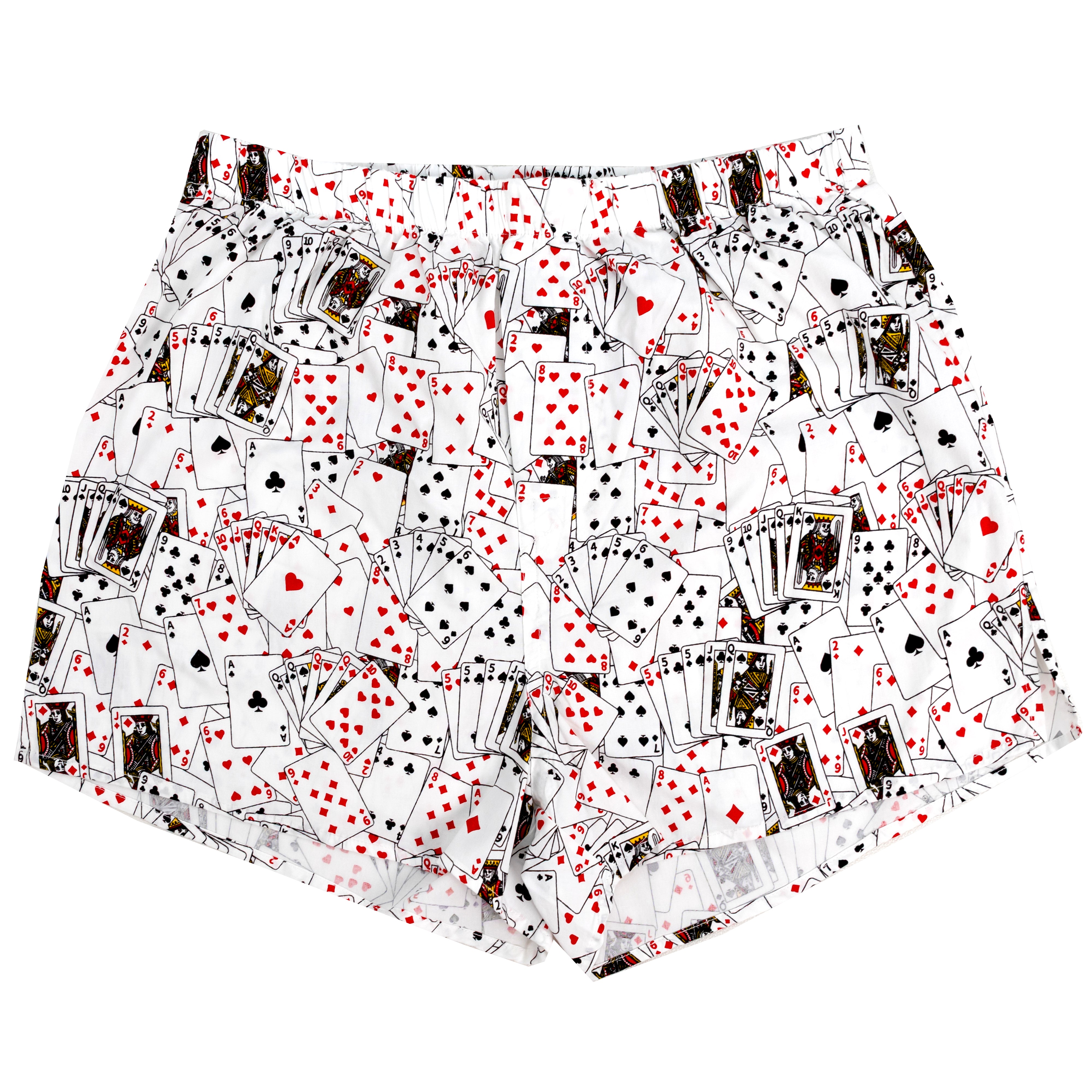 White boxer shorts featuring an all-over print of playing cards in black and red, photographed flat against a solid white background.