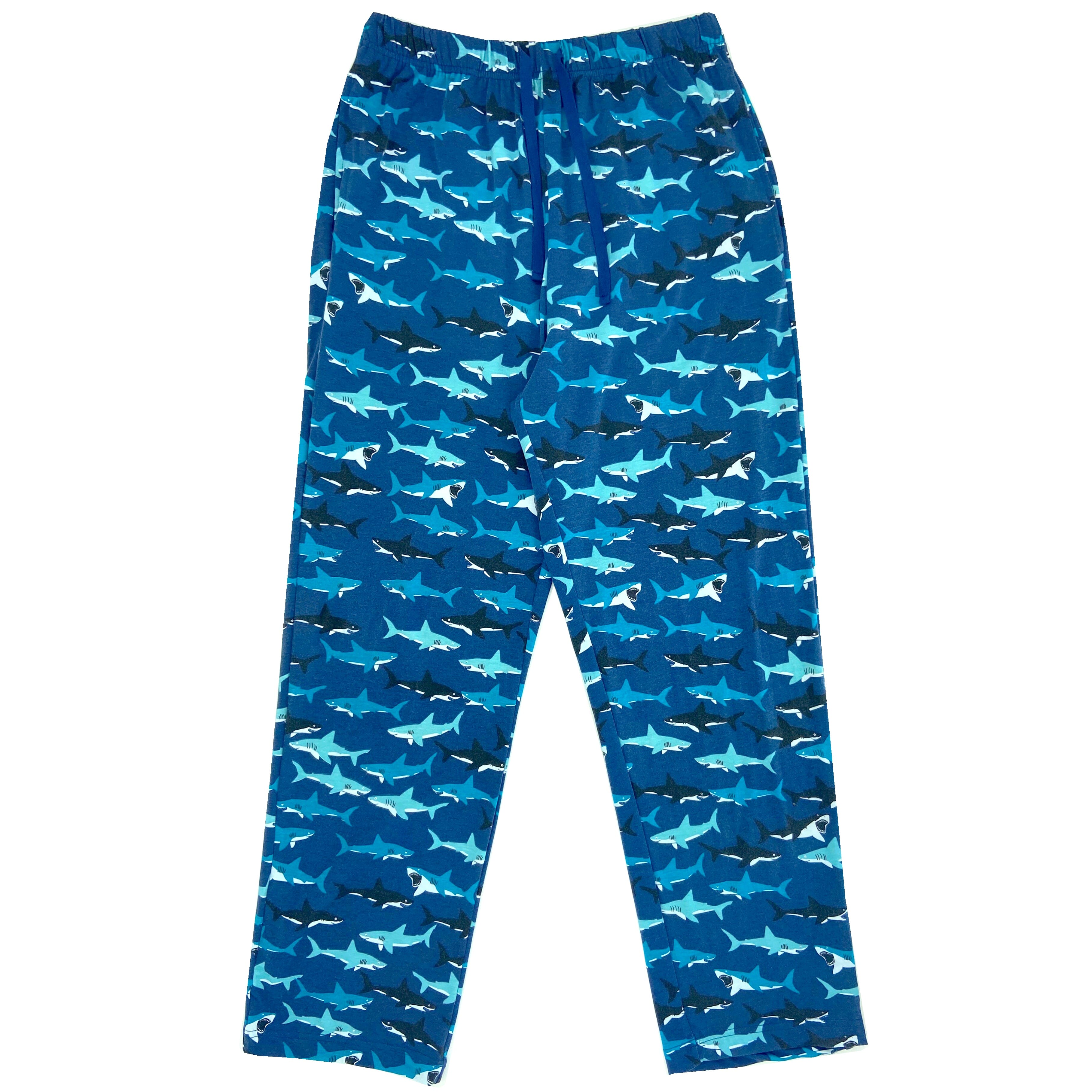Men's Smiling Cartoon Shark All Over Print Long Cotton Pajama Bottoms