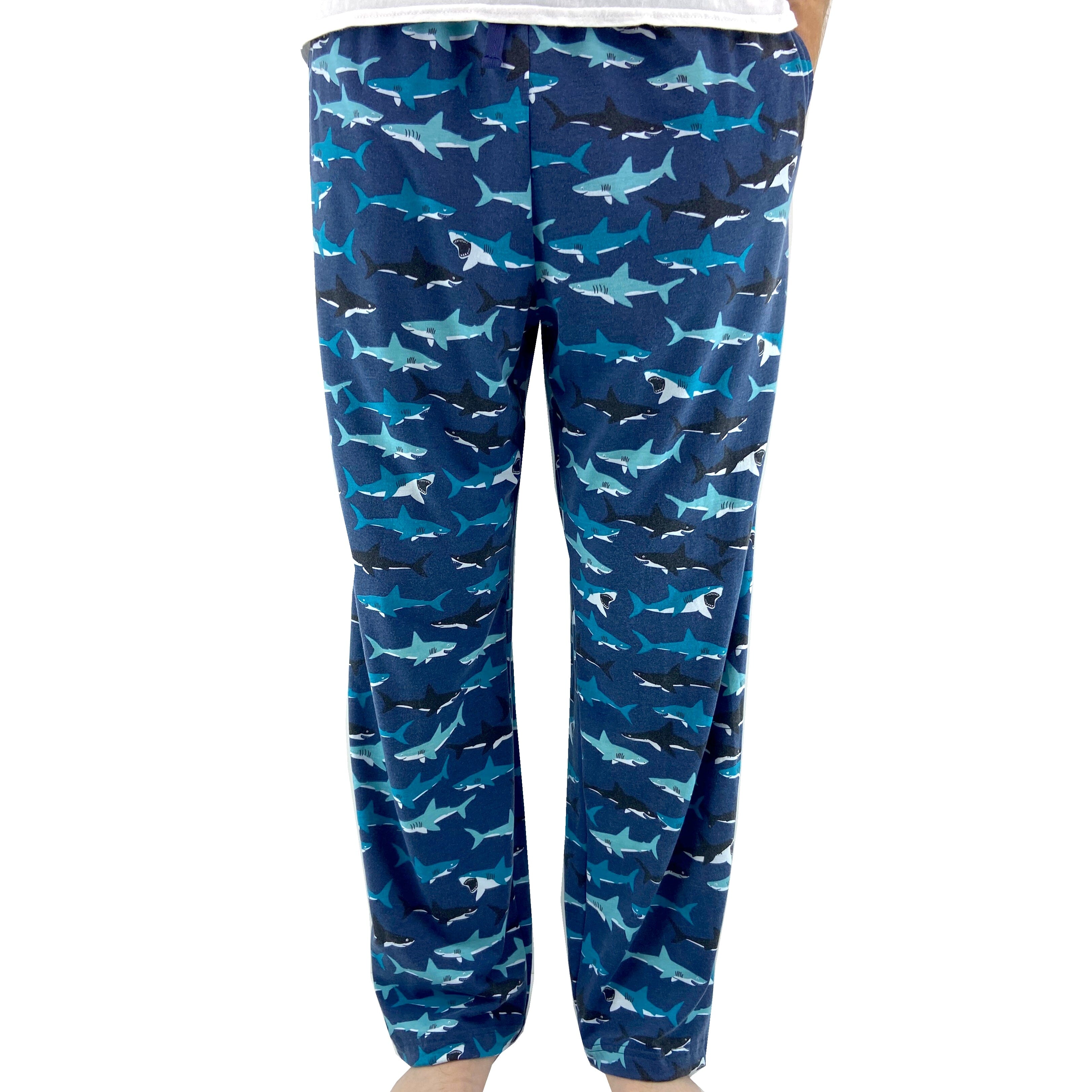 Men's Smiling Cartoon Shark All Over Print Long Cotton Pajama Bottoms