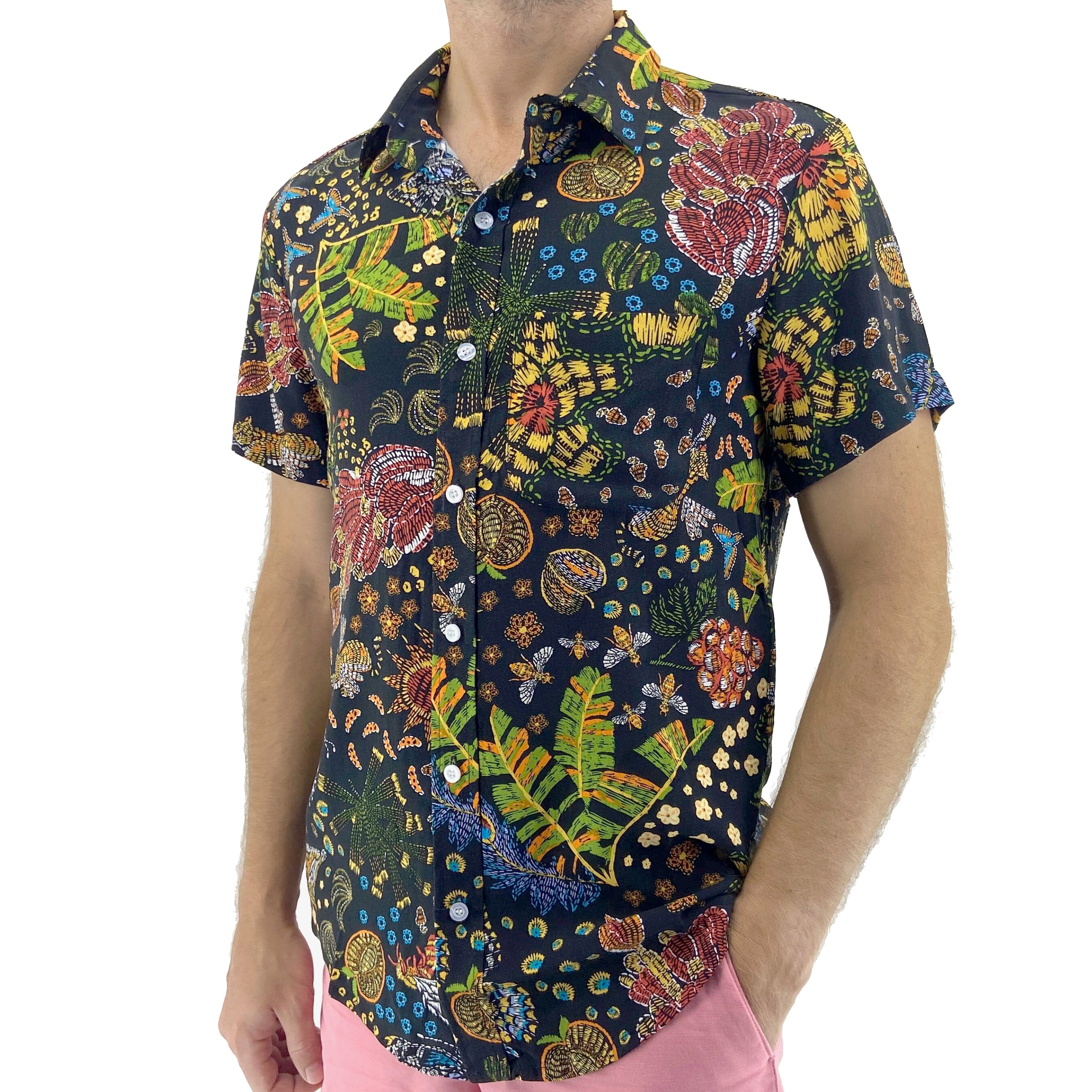 Men's Super Soft Trippy Tiger Floral Print Black Aloha Hawaiian Shirt