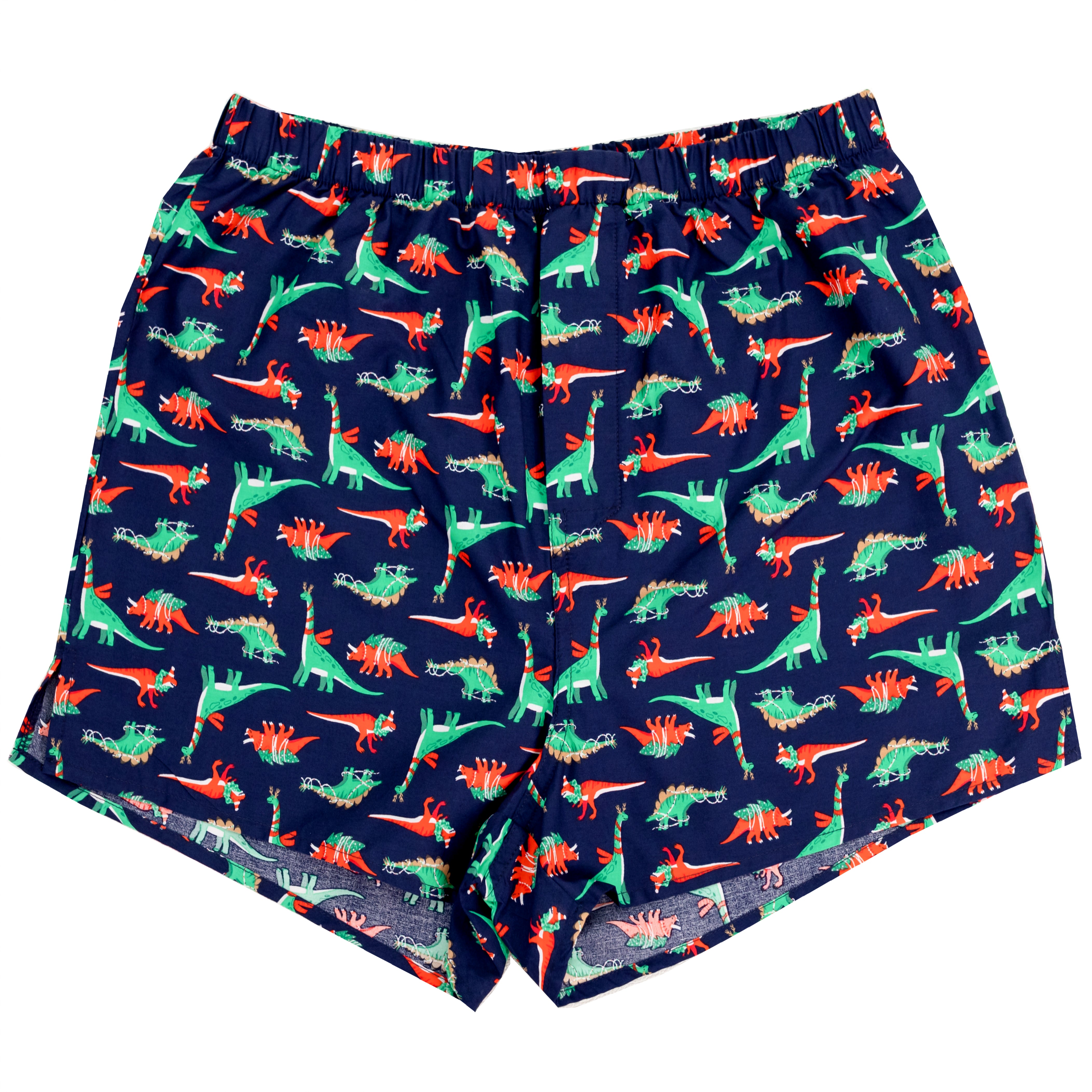 Men's Festive Dinosaurs & Christmas Tree Print Cotton Boxer Shorts. Xmas Presents for Men.