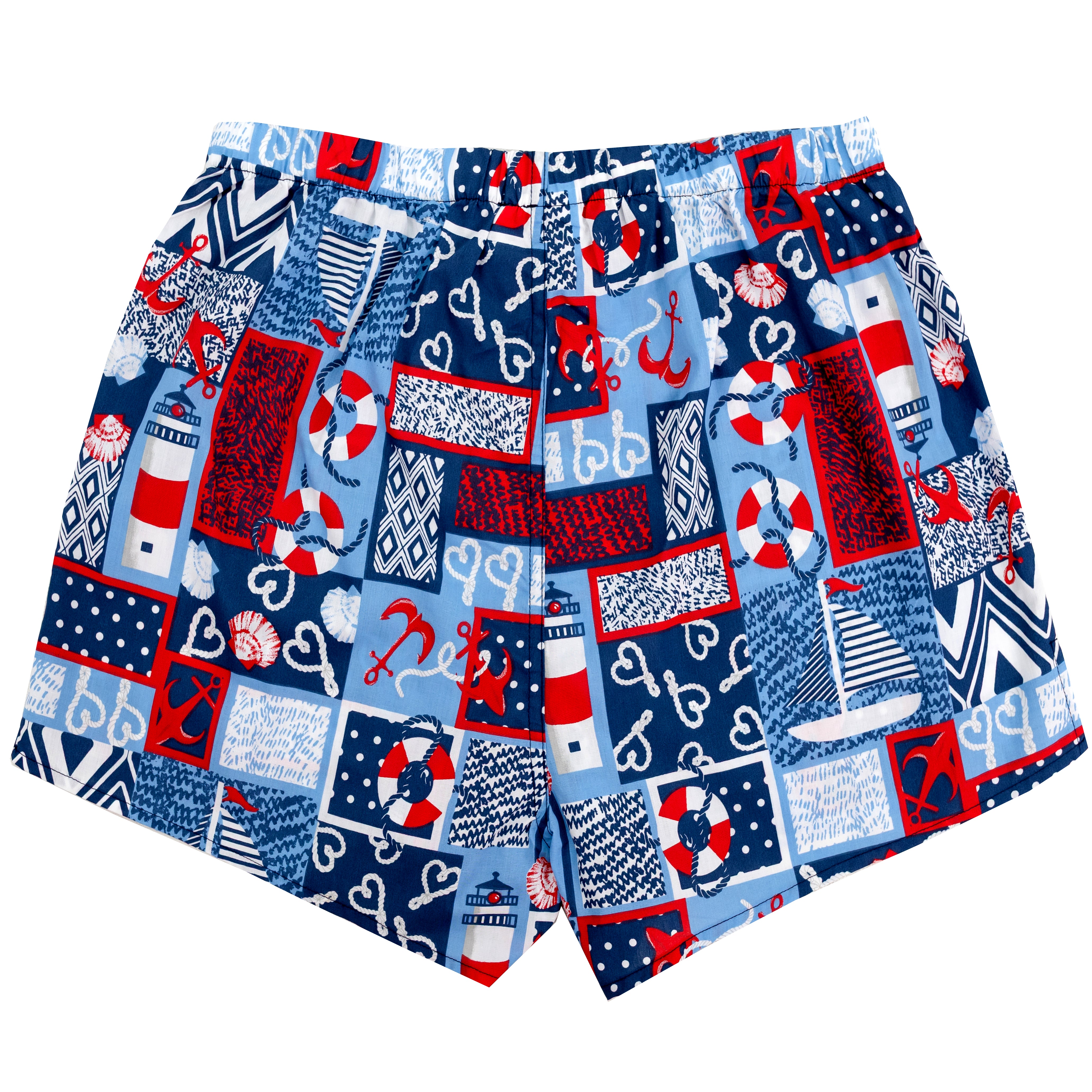 Nautical Novelty Print Lighthouse Sailboat Buoy Patterned Boxer Shorts. Shop Cotton Boxer Shorts for Men in Novelty Prints.