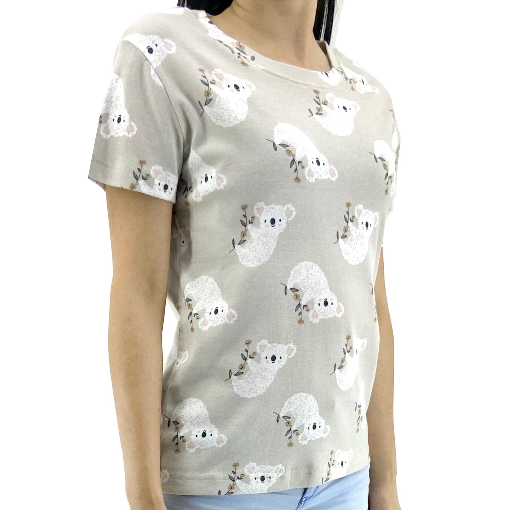 Womens Soft Cotton Crew Round Neck T-Shirt with Koala Pattern All Over