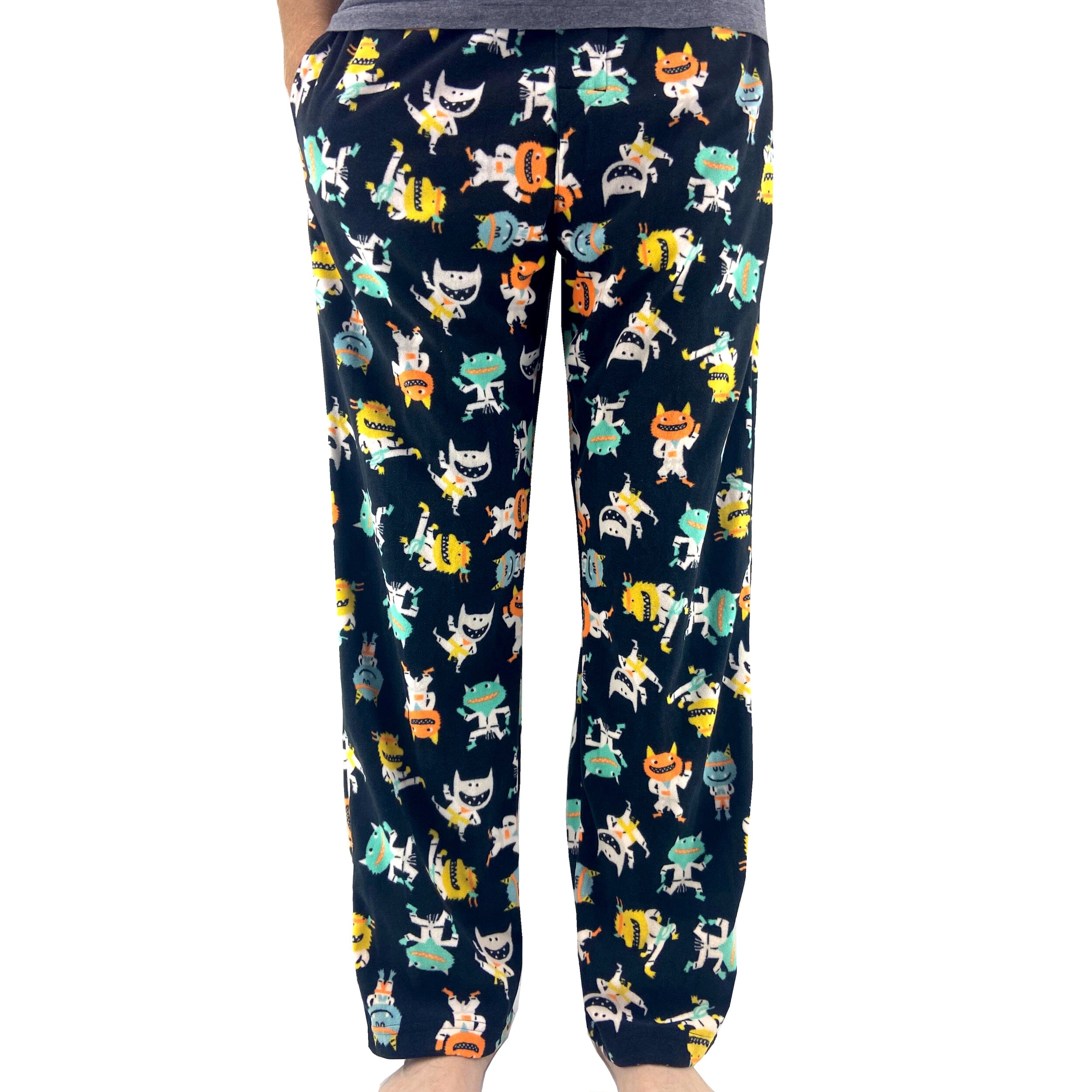 Men's Cartoon Kung-Fu Fighting Monsters Patterned Fleece Pajama Pants