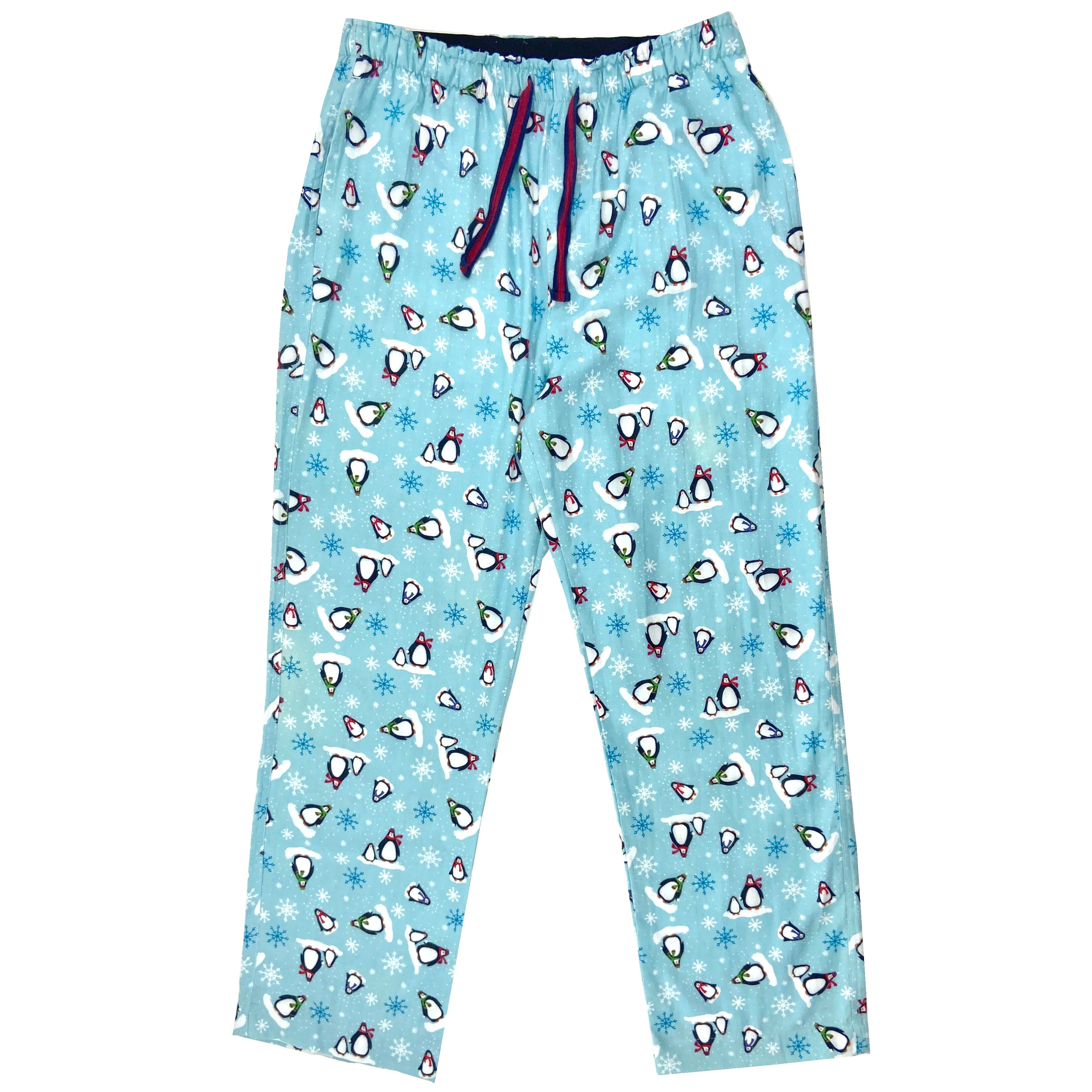 Men's Light Blue Long Pajama Pant Bottoms with Penguin All Over Print