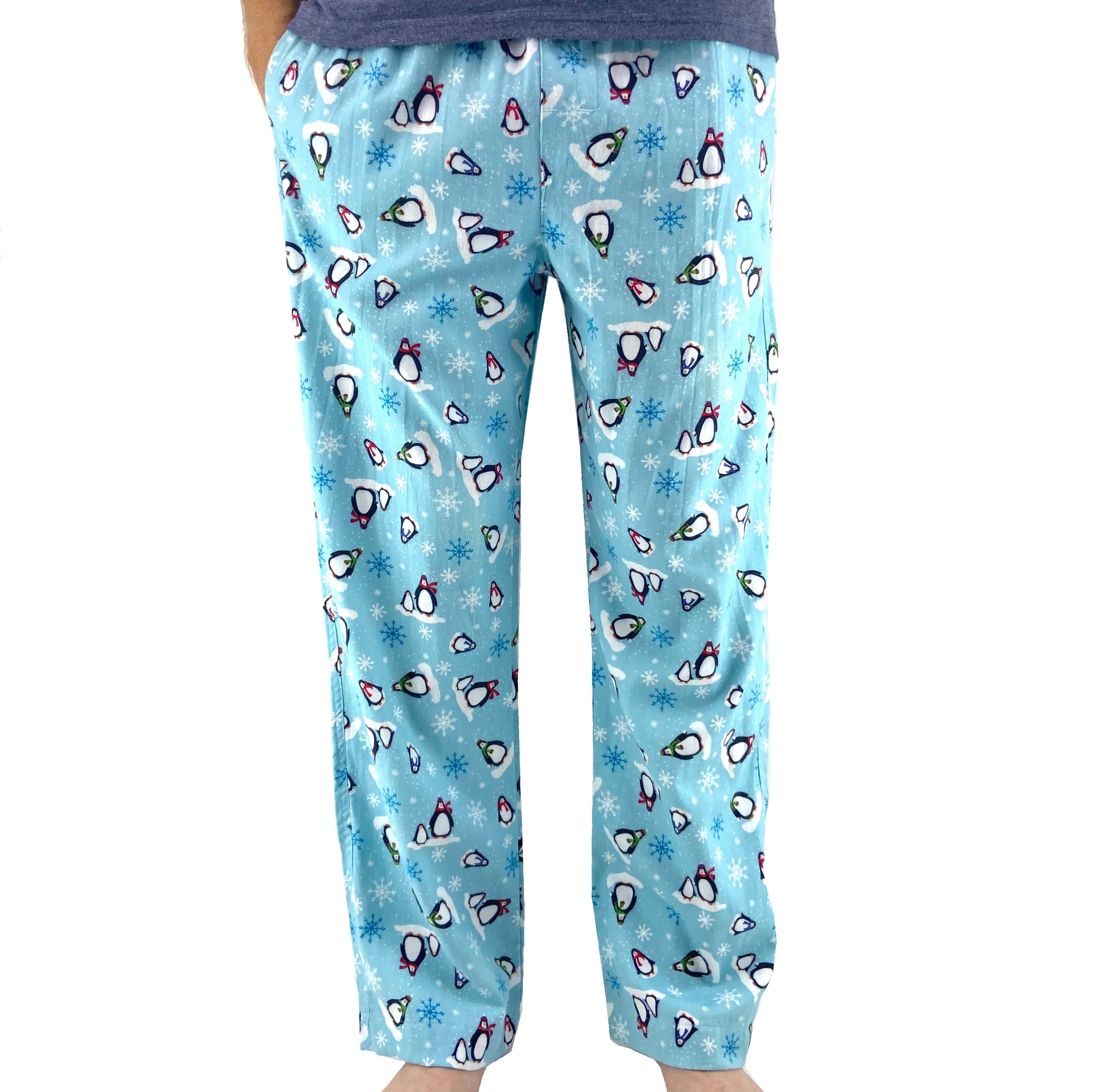 Men's Light Blue Long Pajama Pant Bottoms with Penguin All Over Print