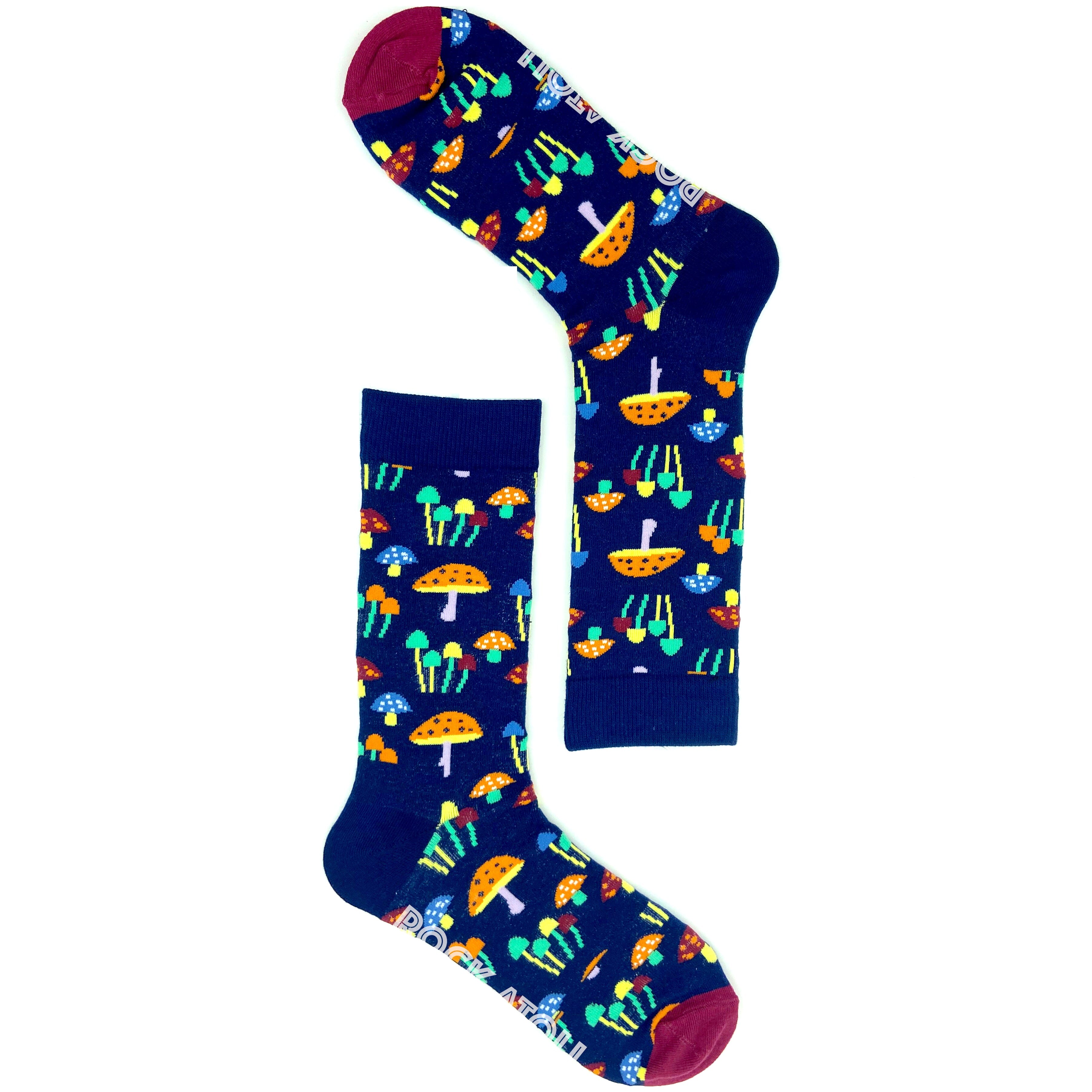 Unisex Trippy Colorful Mushroom Patterned Novelty Socks in Navy Blue