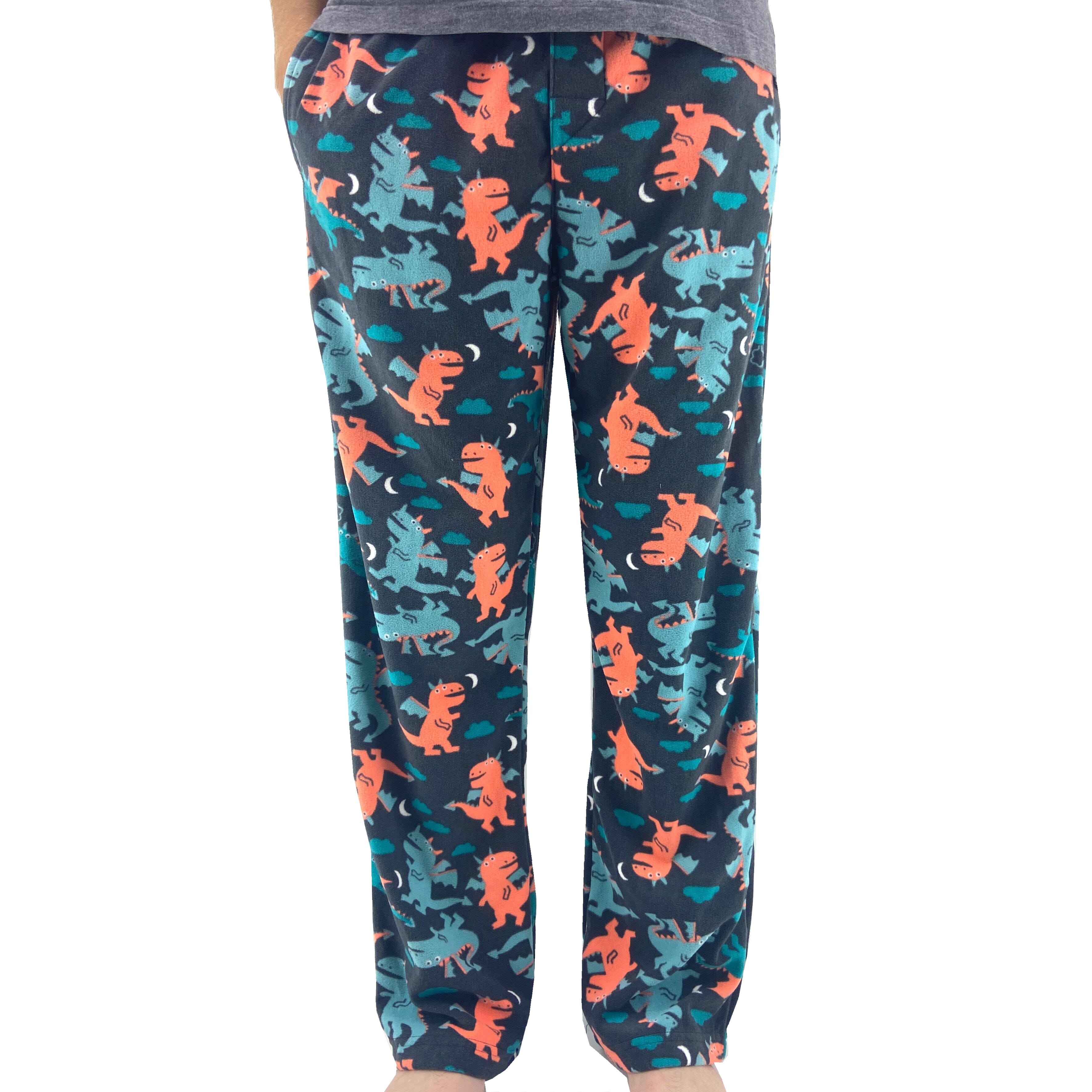 Men's Cartoon Mythical Dragon Patterned Fleece Pajama Pant Bottoms