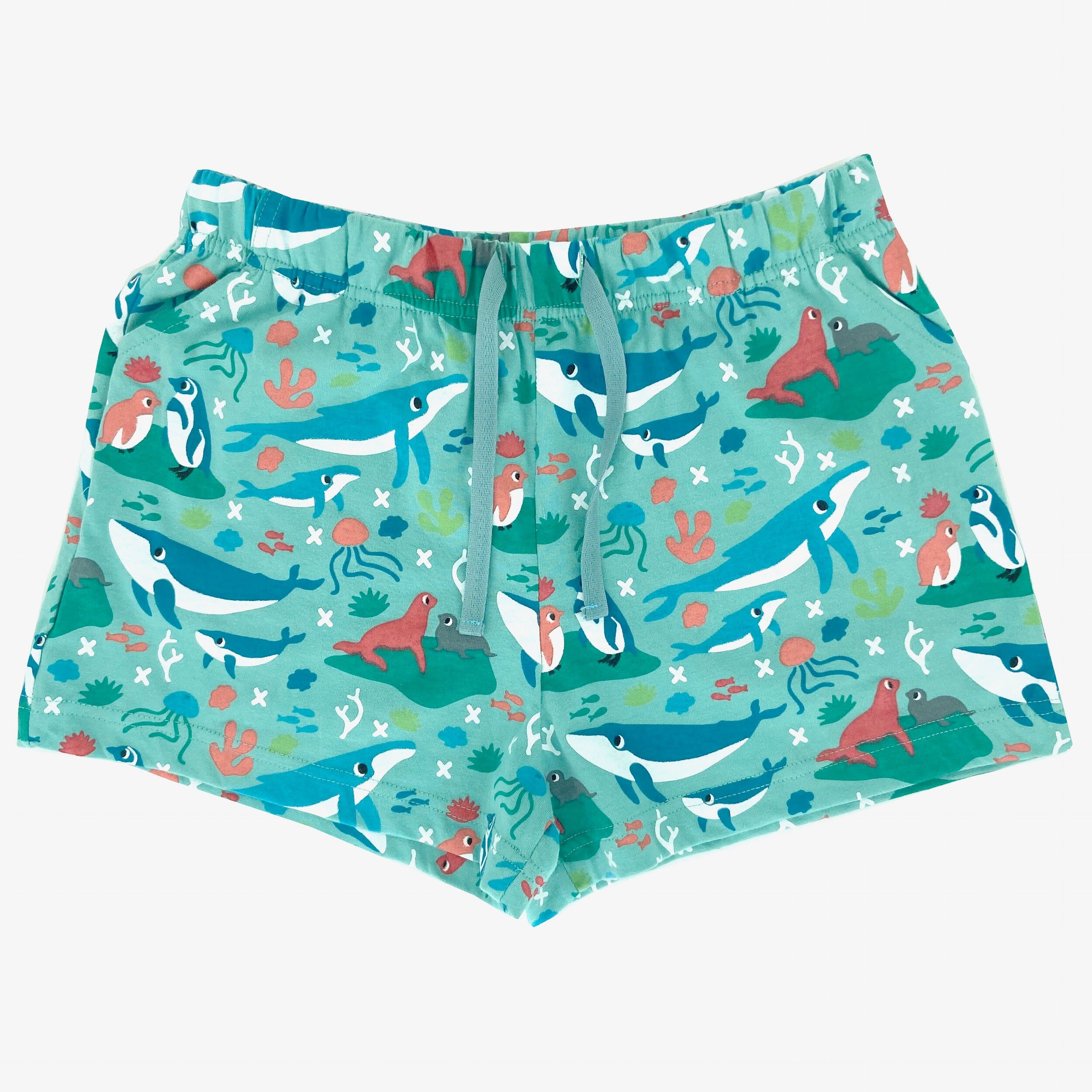 Women's Blue Ocean Sea Creatures Whale Patterned Cotton Pajama Shorts