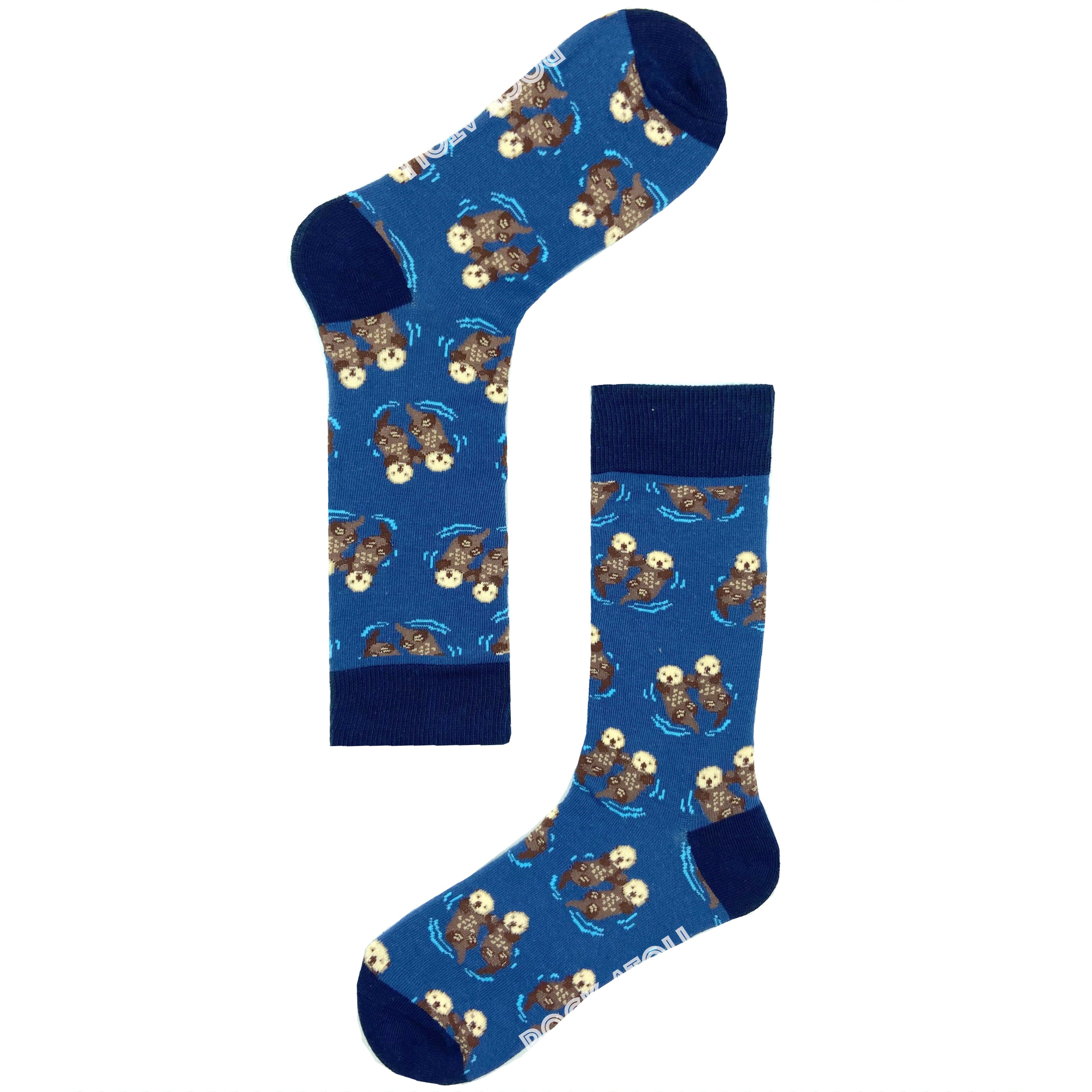 A Pair of Sea Otter Patterned Fun Unisex Novelty Crew Socks in Blue