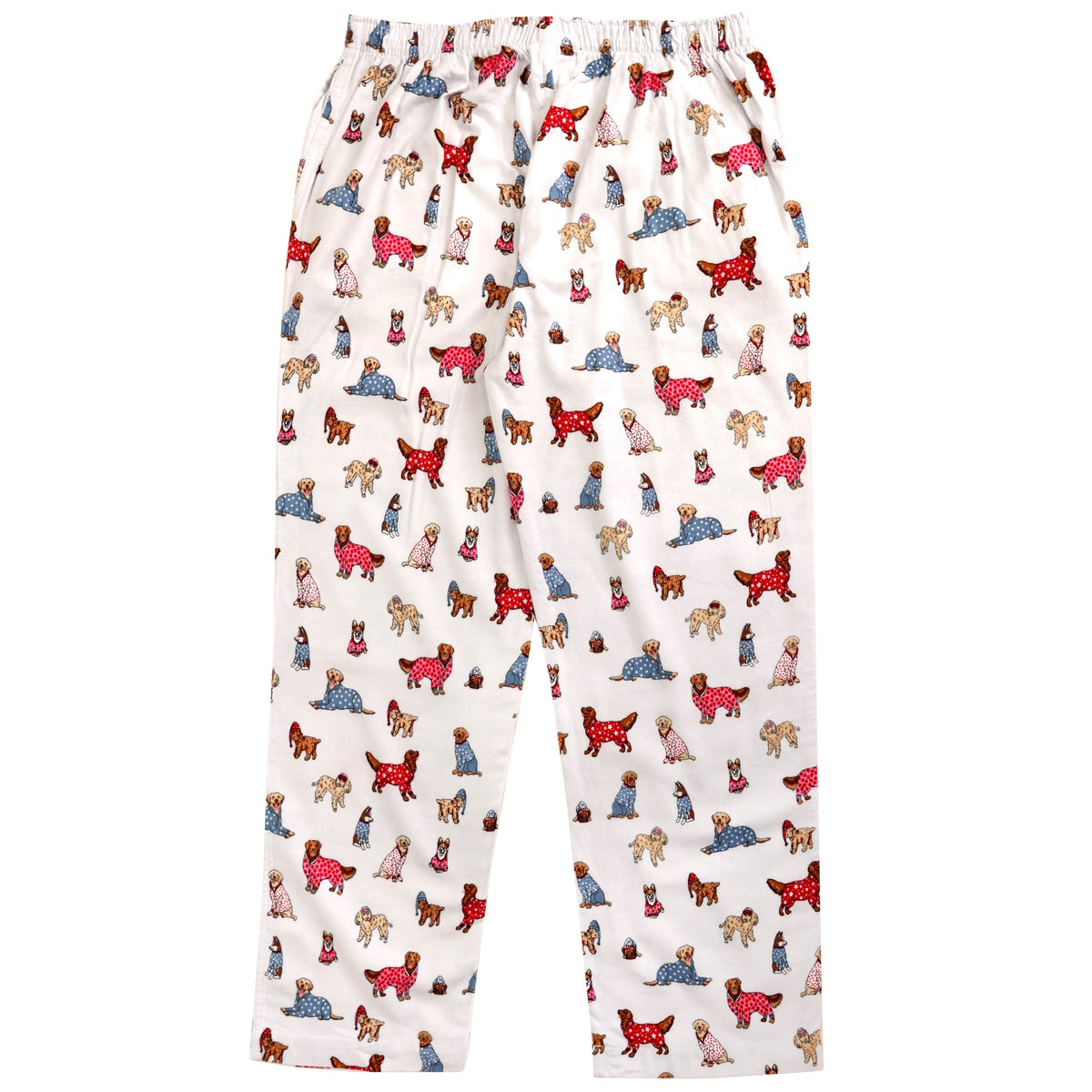 White elastic waist pajama pants covered in a colorful cartoon dog print, shown flat against a white background.