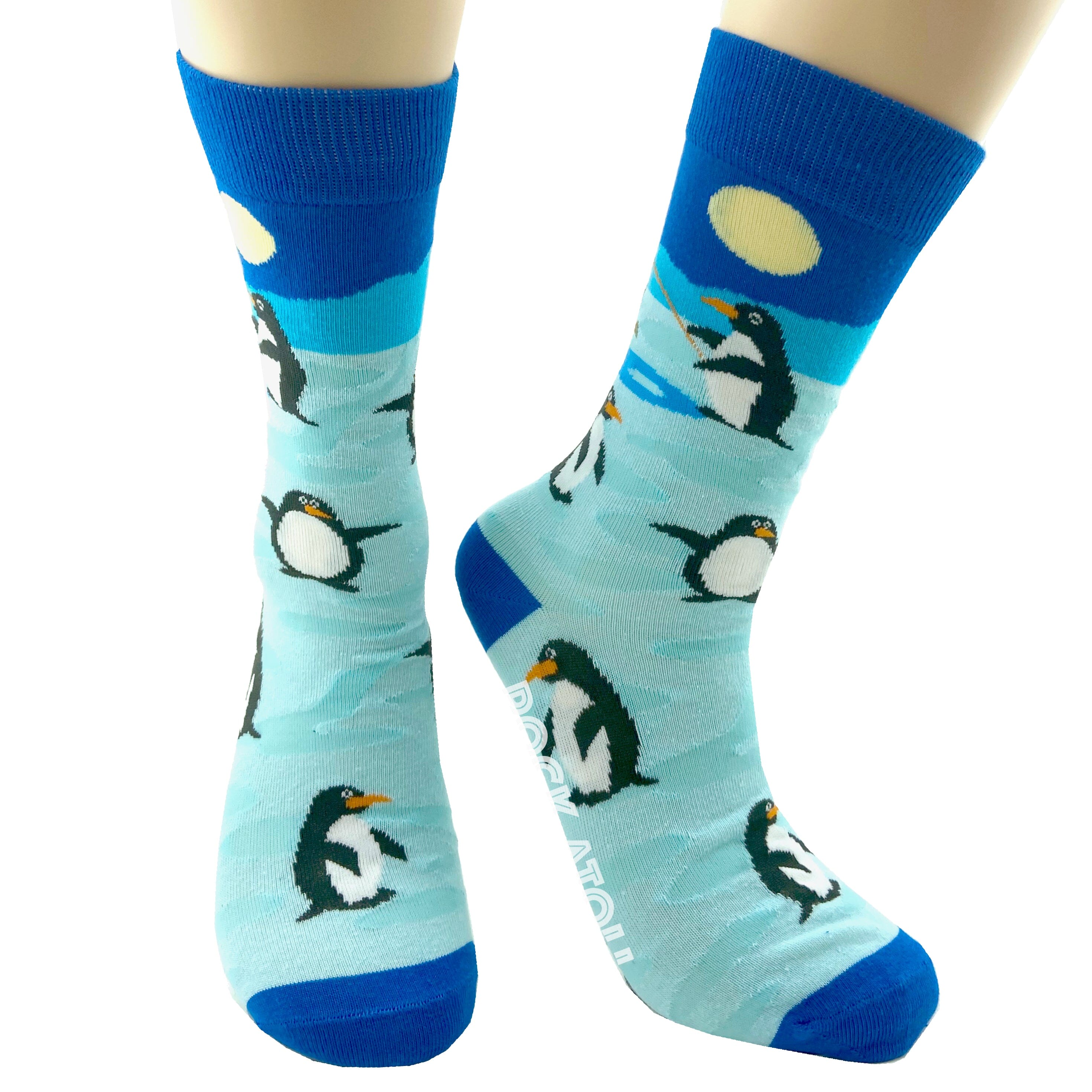 Blue Unisex Penguin Ice Fishing In Arctic Print Novelty Crew Socks