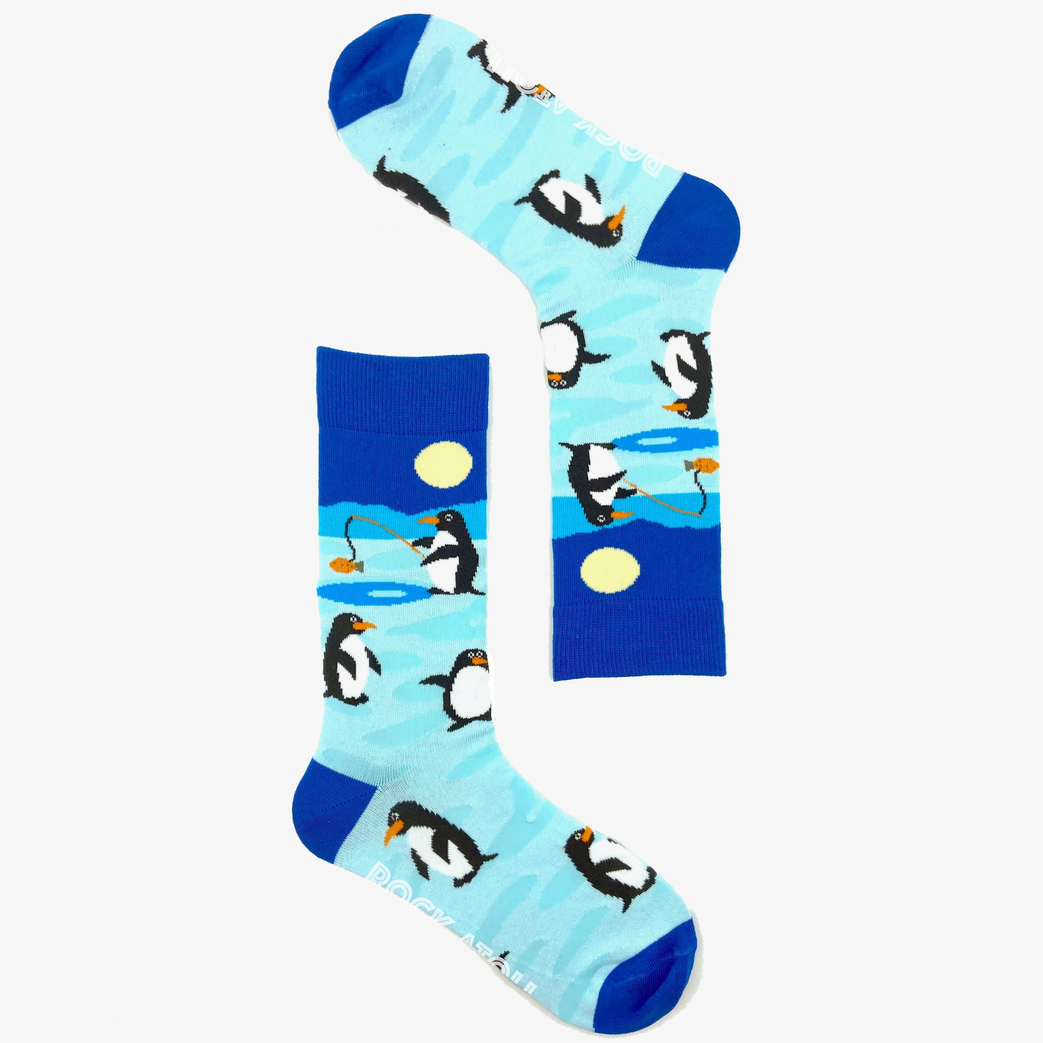 Blue Unisex Penguin Ice Fishing In Arctic Print Novelty Crew Socks