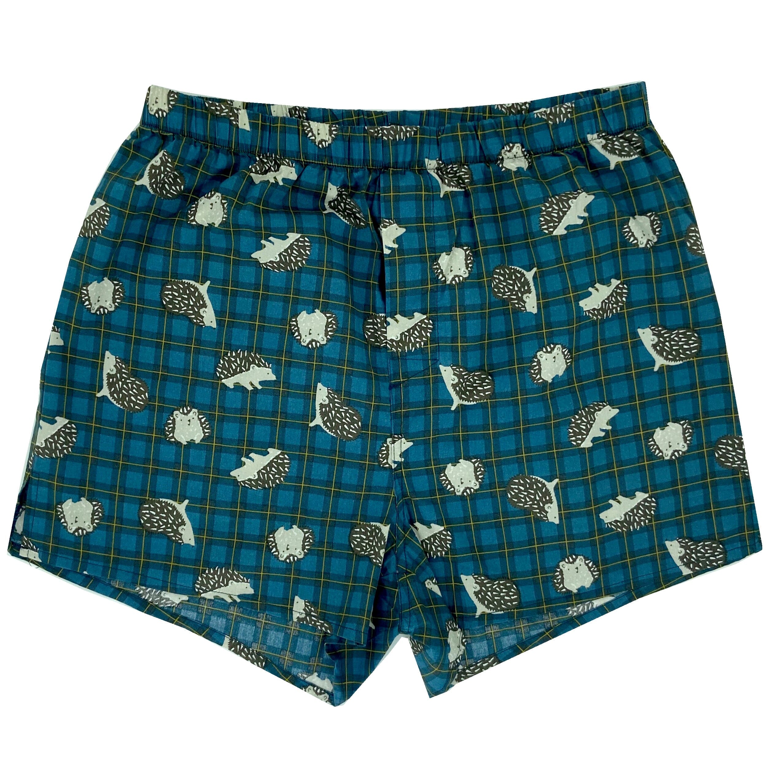 Cute Hedgehog All Over Print Boxers For Men in Classic Plaid Pattern