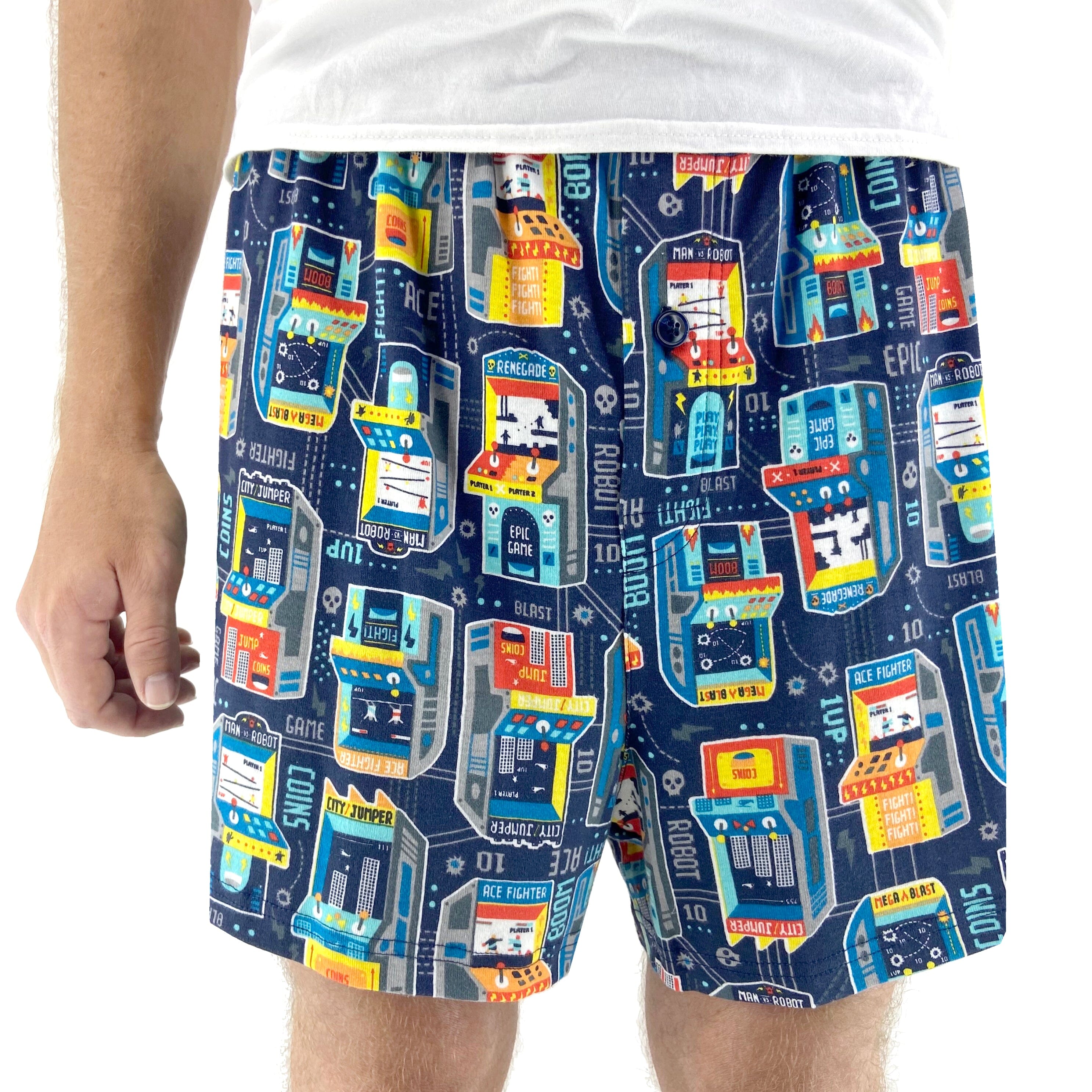 Men's Retro Arcade Game Print Soft Cotton Knit Pyjama Boxer Shorts