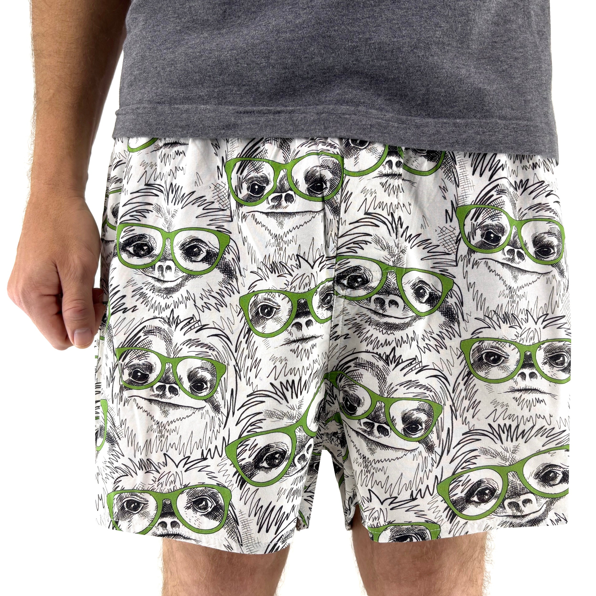 Men's White Comfy Cotton Novelty Print Sloth Patterned Boxer Shorts