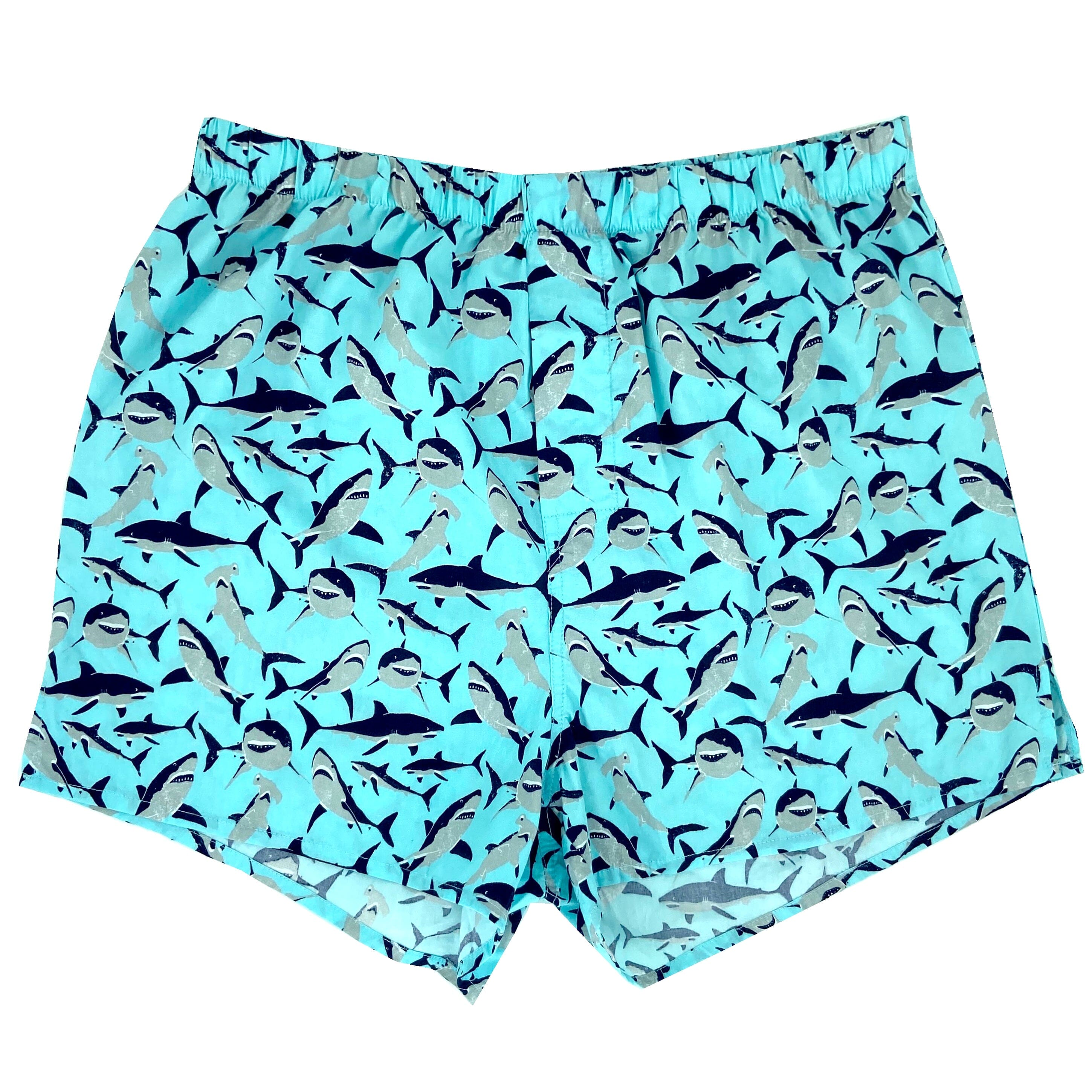Men's Light Blue Fierce Shark Patterned Sea Creatures Boxer Shorts