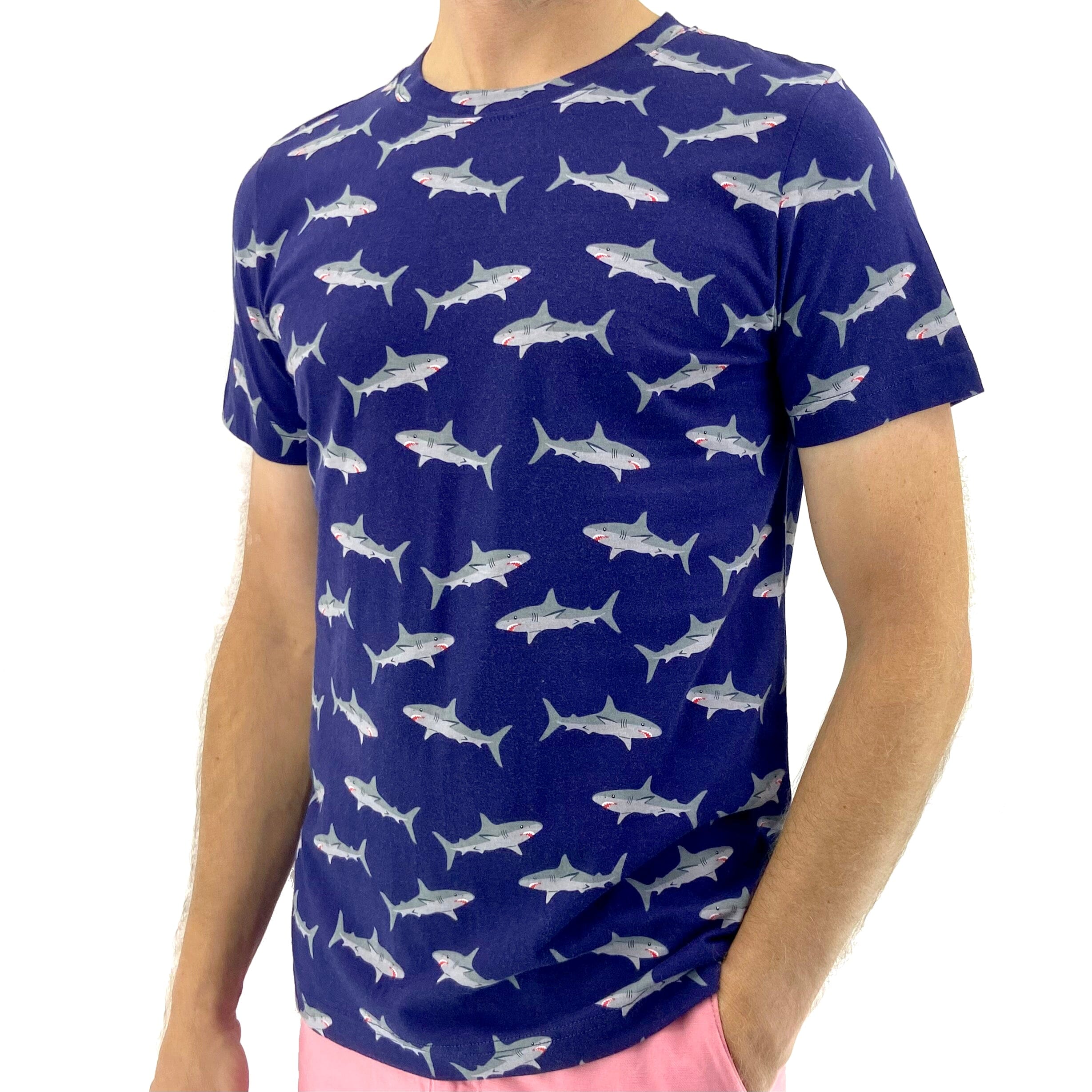 Men's Navy Blue Shark All Over Print Novelty Crew Neck T-Shirt Top
